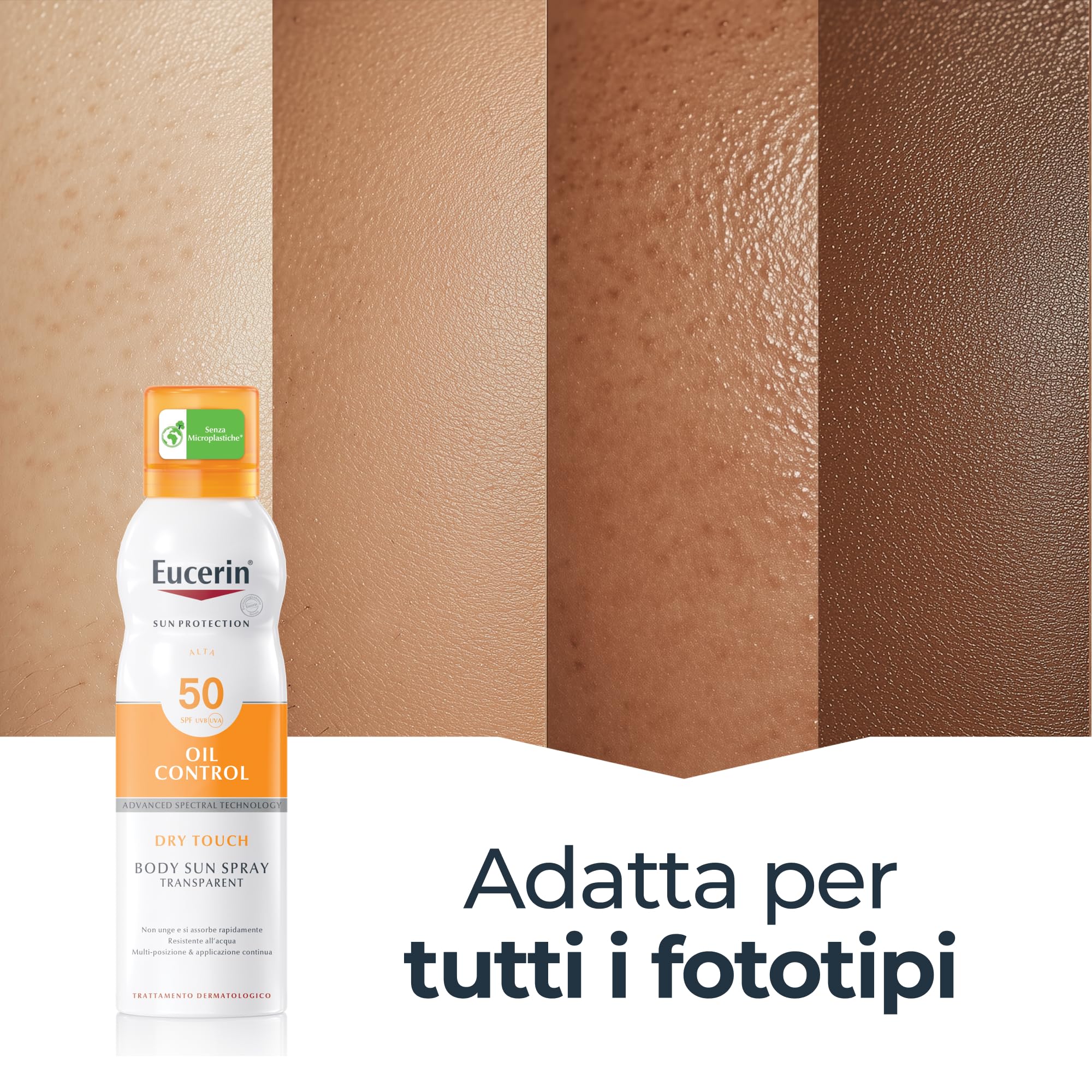 Eucerin Oil Control Body Sun Transparent Dry Touch SPF 50 200 ml, Crema solare 50 spray con filtri UVA/UVB, Protezione solare 50 spray trasparente per pelle sensibile e acneica