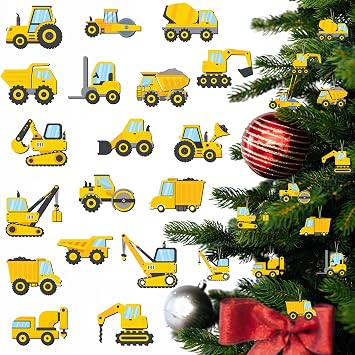 36pcs 2D Christmas Construction Truck Ornaments,18 Styles Mini Engineering Vehicle Hanging Decorations for Christmas Tree,Wooden Construction Car Figurines for Xmas Winter Holiday Home Decor