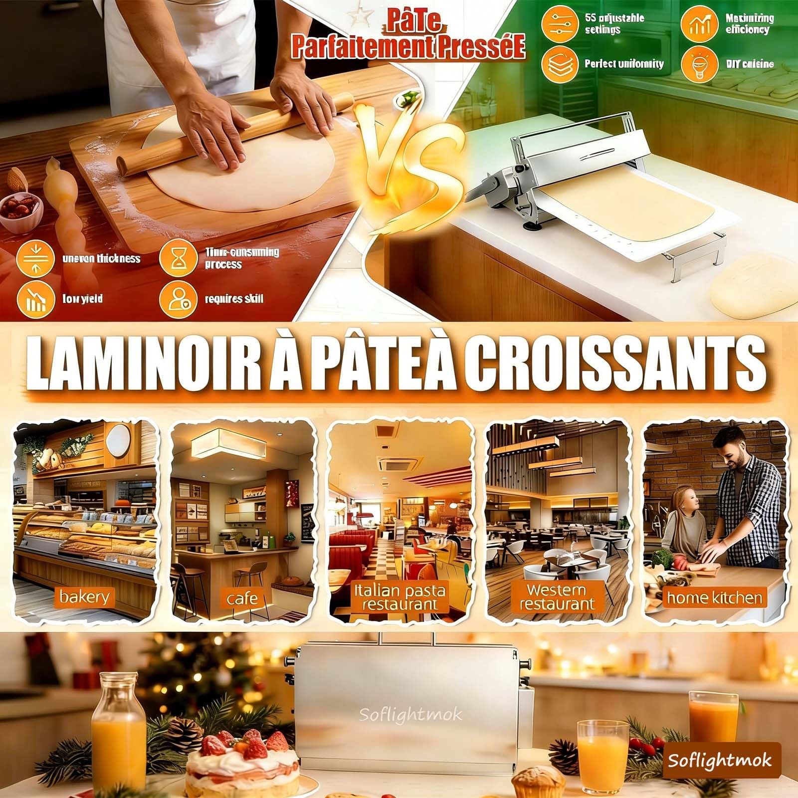 Laminoir à PâTe, Laminoir RéVersible pour PâTe FeuilletéE Et Fondante,Laminoir à PâTe Manuel, éPaisseur RéGlable De 0 à 25mm, Laminoir Pliable pour Boulangeries Et PâTisseries TypeB
