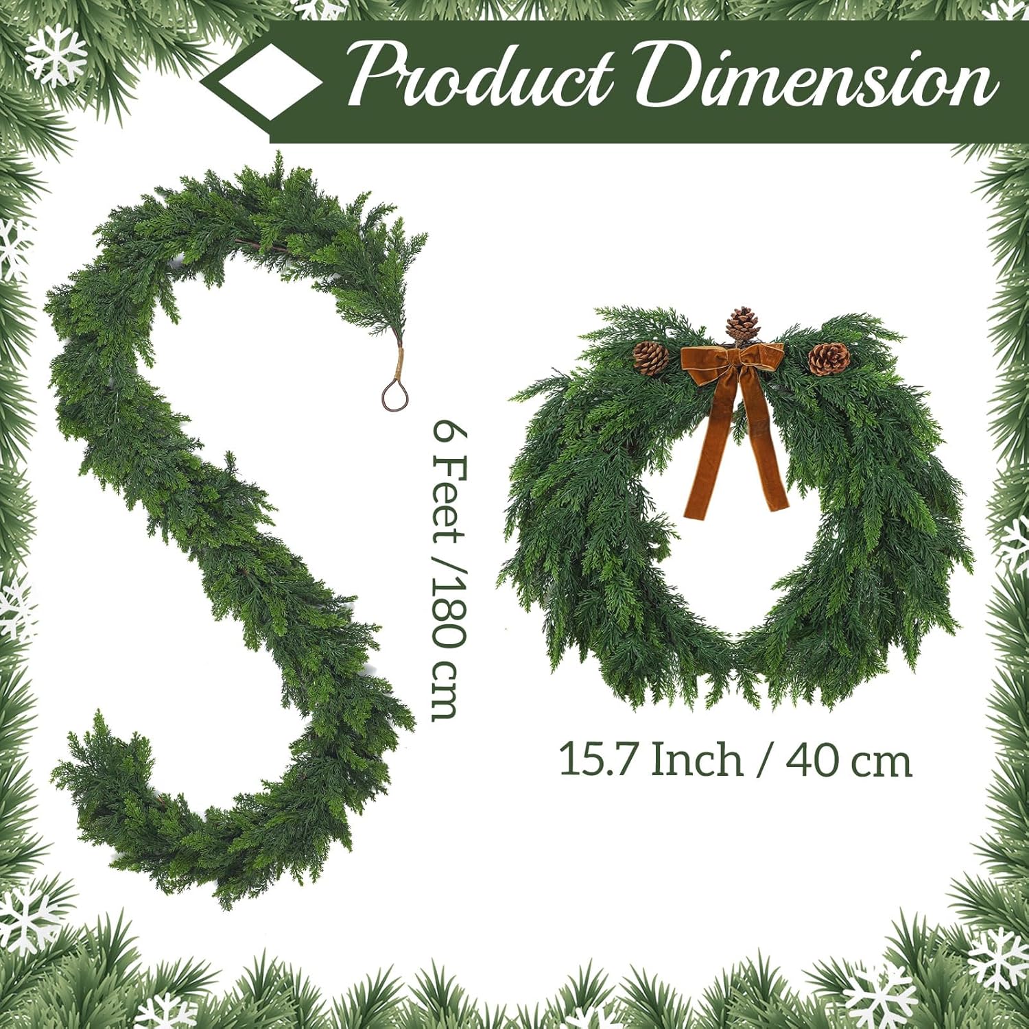 Suncalla 2 Pcs 16'' Cedar Wreath and 6ft Christmas Cedar Garlands for Mantel Artificial Realistic Soft and Thickness Green Faux Garland Wreath for Fireplace Indoor Outdoor Holiday Decor