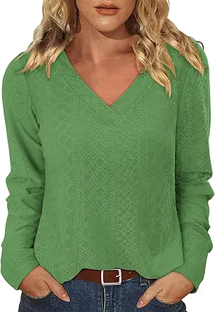 KISSMODA Long Sleeve Fall Shirts For Women V Neck Tunic Tops Embroidered Button Down Knitted Blouses 2025