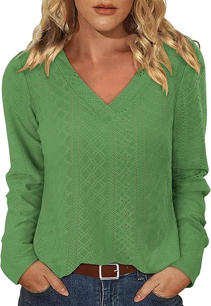 KISSMODA Long Sleeve Fall Shirts For Women V Neck Tunic Tops Embroidered Button Down Knitted Blouses 2025