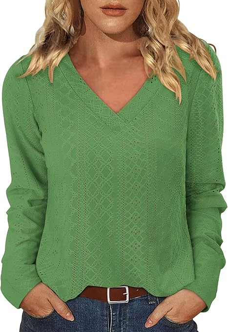 KISSMODA Long Sleeve Fall Shirts For Women V Neck Tunic Tops Embroidered Button Down Knitted Blouses 2025