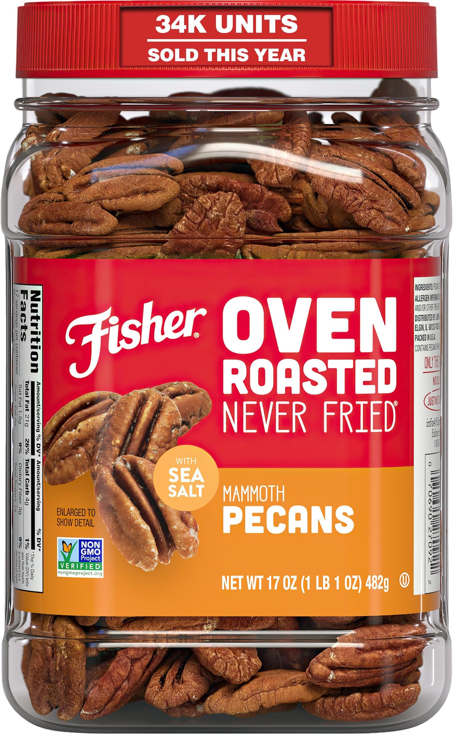 Fisher Oven Roasted Never Fried Mammoth Pecans, 17 Ounces | Pack Of 1, Heart Healthy Snacks For Adults, Made With Sea Salt, No Added Oil Or Artificial Ingredients, Gluten Free