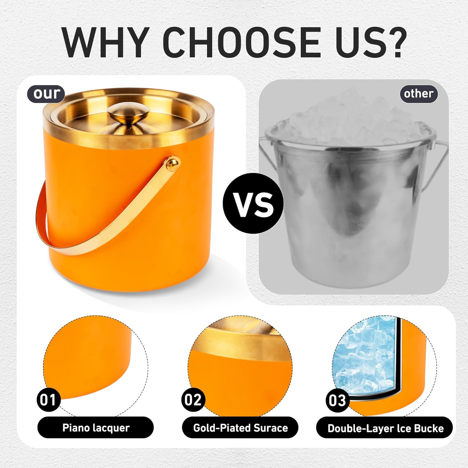 3L Double Wall Insulated Stainless Steel Ice Bucket with Strainer for Cocktail Bar,Metal Ice Bucket for freezer with Lid for parties.ice Container to Keep Ice Colder,bar cart accessories(Orange) - Image 5