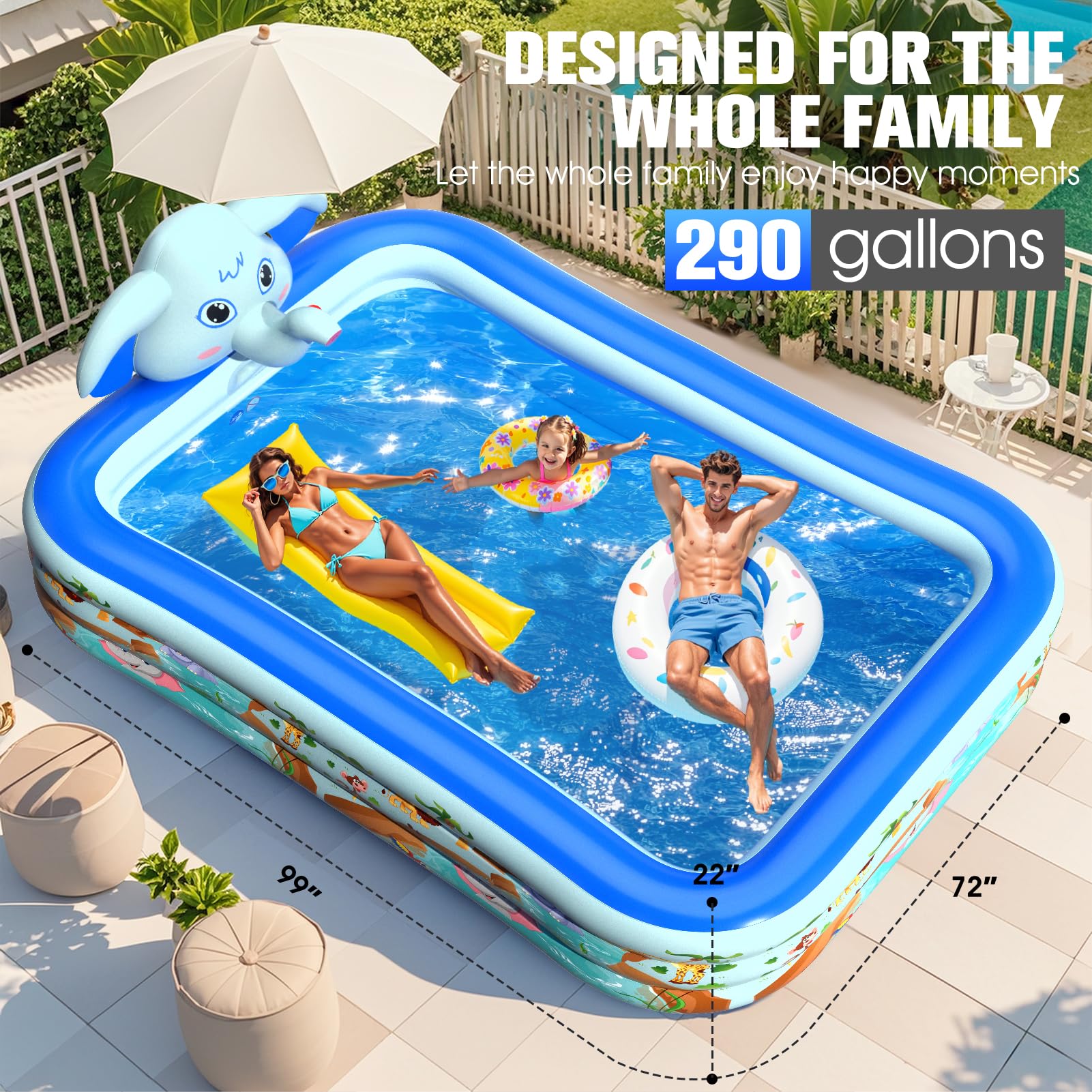 LanBlu Planschbecken Rechteckig mit Sprinkler, Elefant Aufblasbarer Pool Erwachsene, 0.6mm Verdicktes Family Pool, XXL 252×183×56CM