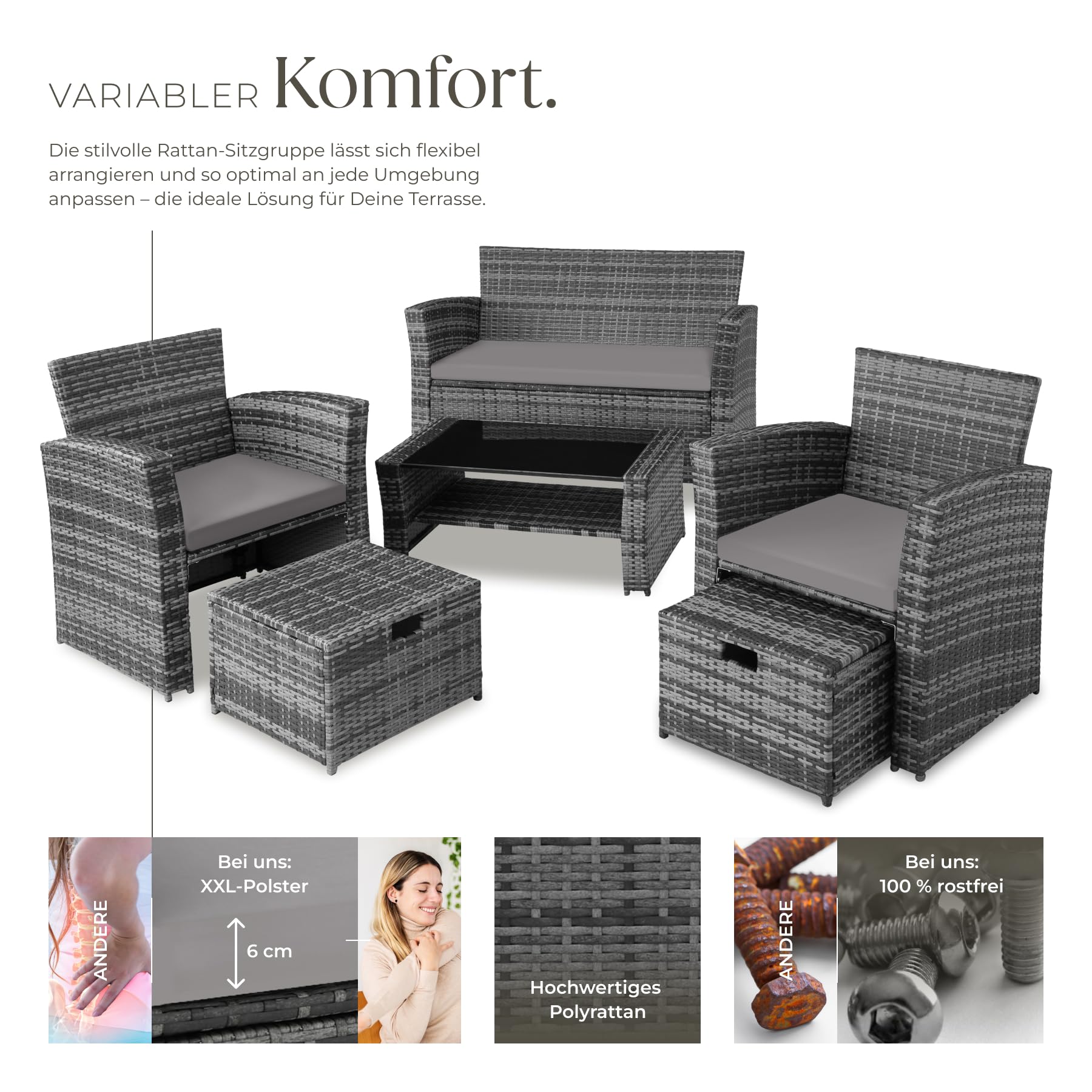 tectake Polyrattan Garten Sitzgruppe für 4 Personen mit Hocker, Rattan Gartenmöbel Set mit eingebauter Auflagenbox in der Sitzbank, Garten und Balkon Möbel - grau