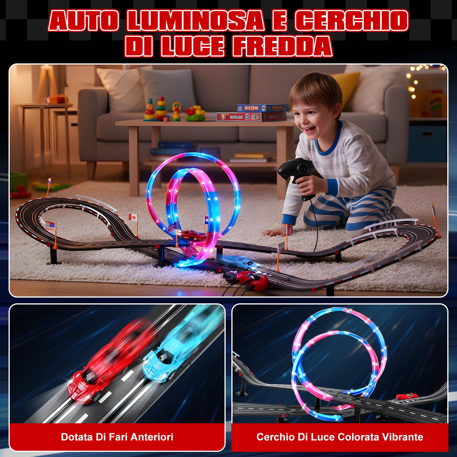 Piste Corsa Elettriche, Illuminato Pista Macchinine Piste Auto Bambini - 4 LED Macchine, Spina, 360° Cerchio, Comandi, Contatore, Piste Corsa Bambini 3 4 5 6 7 8 Anni Giocattoli Regali (L)
