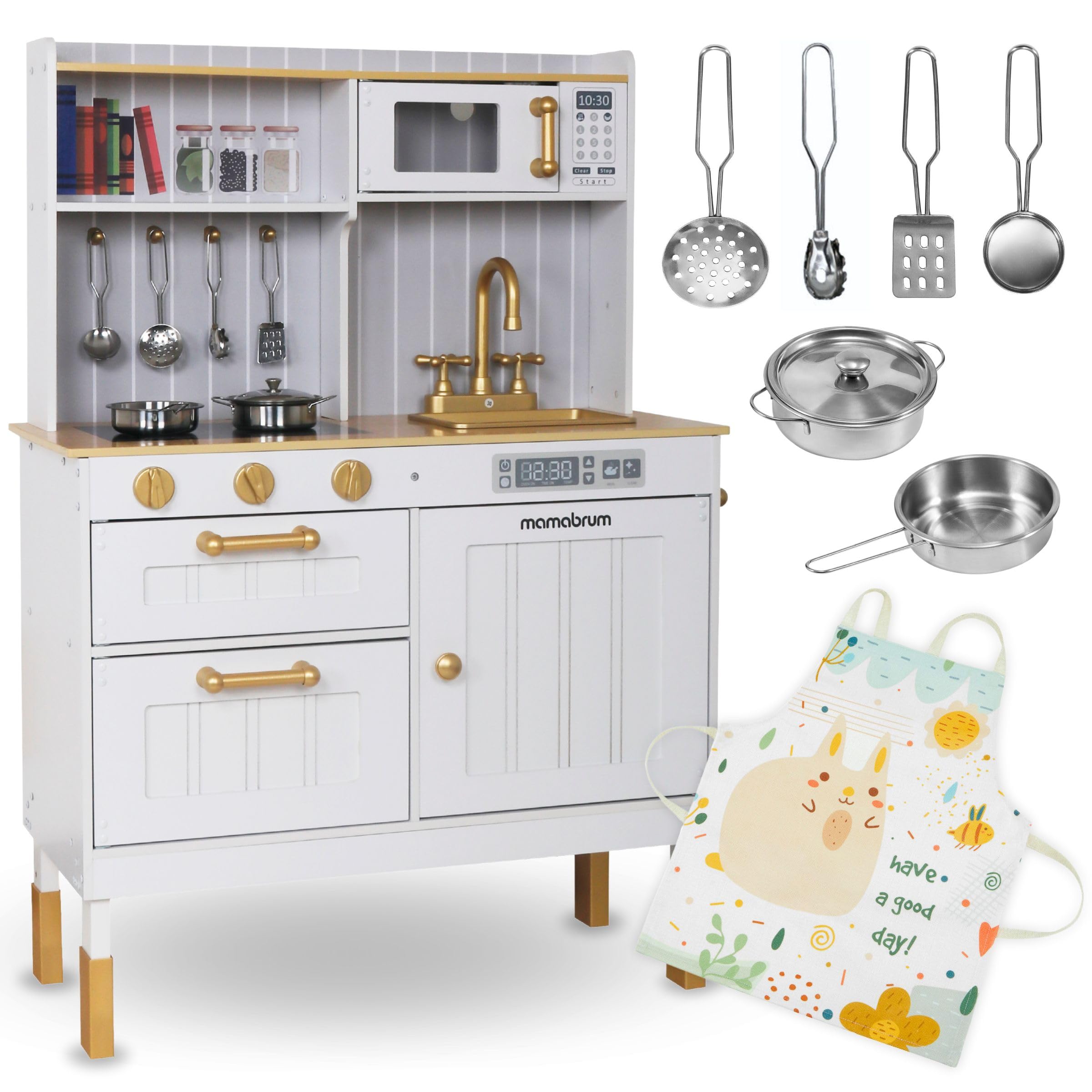 Mamabrum Cocina de madera para niños 3+, juego de cocina infantil con accesorios y delantal, cocina de juguete blanca con microondas, horno, fregadero y ollas