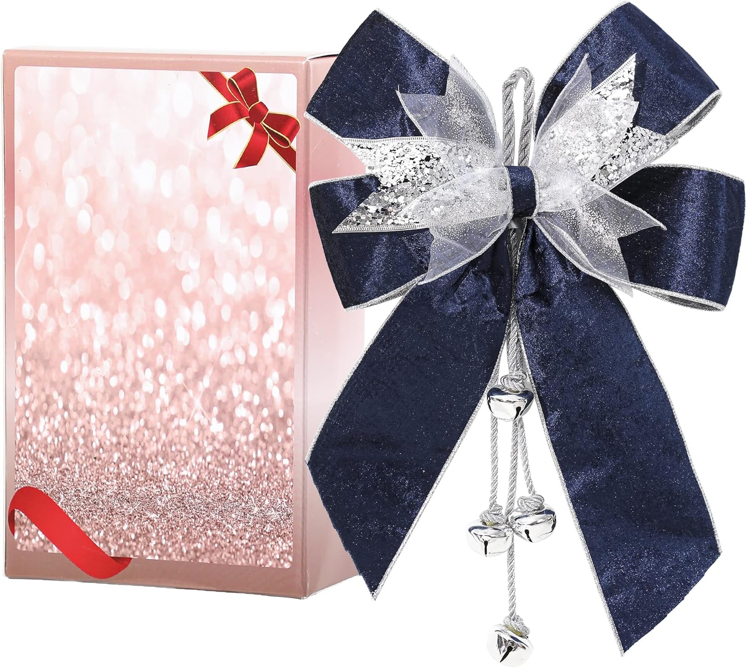 Blue Christmas Tree Topper Bow with Jingle Bells,Ribbon Bow