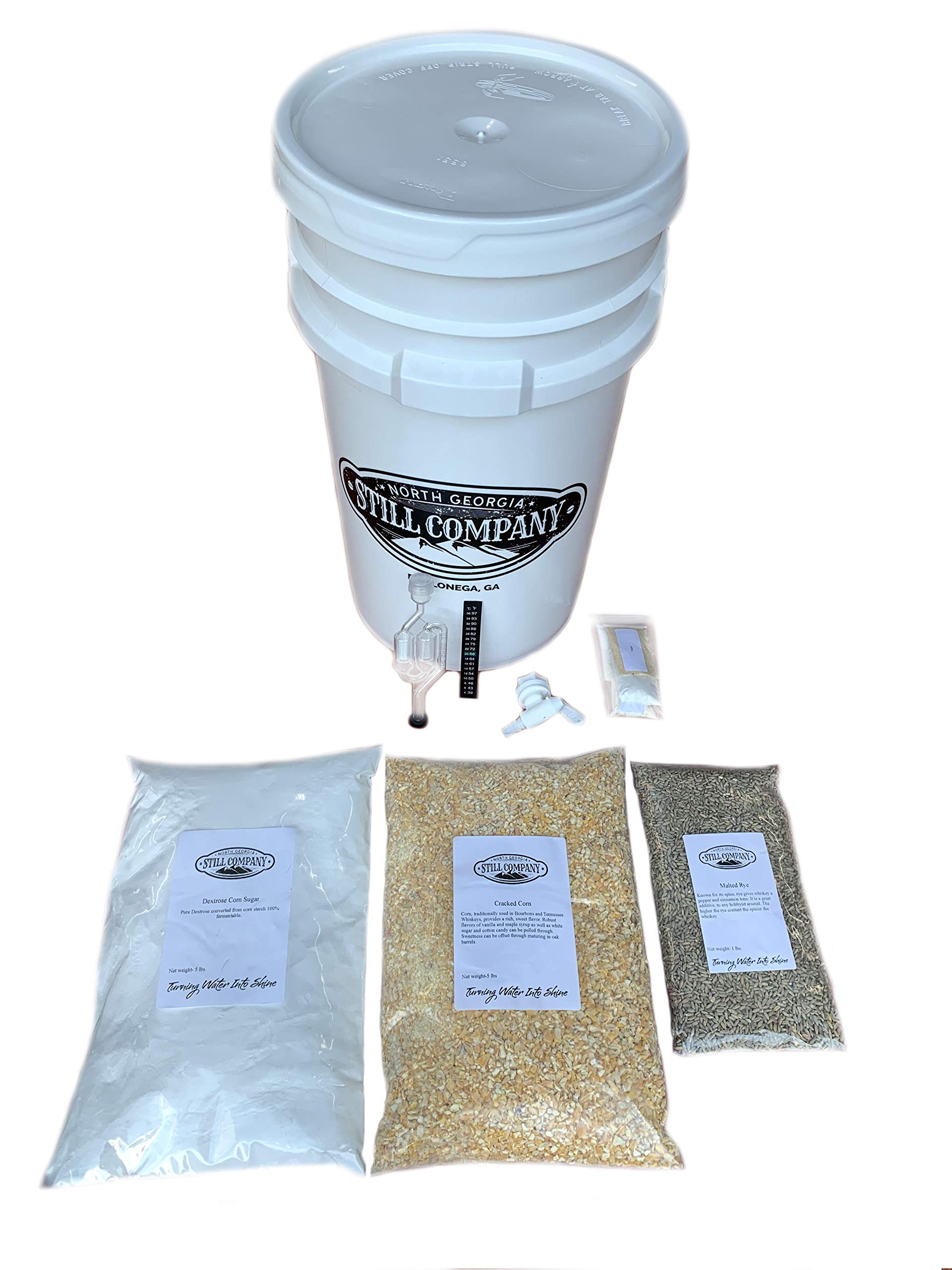 North Georgia Still Company's 7 Gallon Fermentation Bucket & Complete Milled Corn & Malted Rye Whiskey Mash Fermentation Kit with Liquid Enzymes Combo
