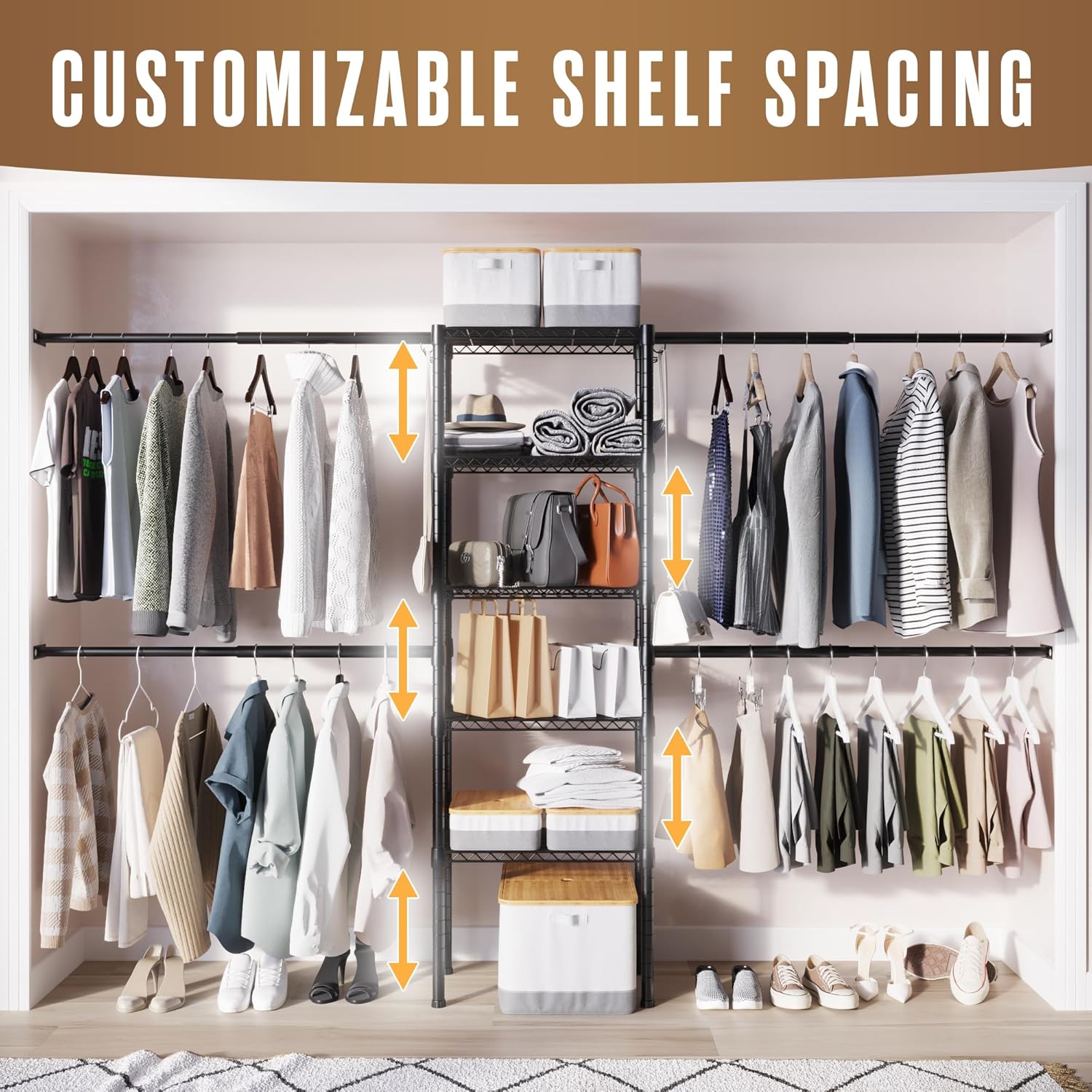 Houseables Closet System, Built in Closet System, Organizer Kit, Walk In Shelf Kit Storage, Wall Mounted Inserts, Modular, Walking, Build Your Own, DIY, Insert Shelving, 4 Custom Rods, 5 Shelves