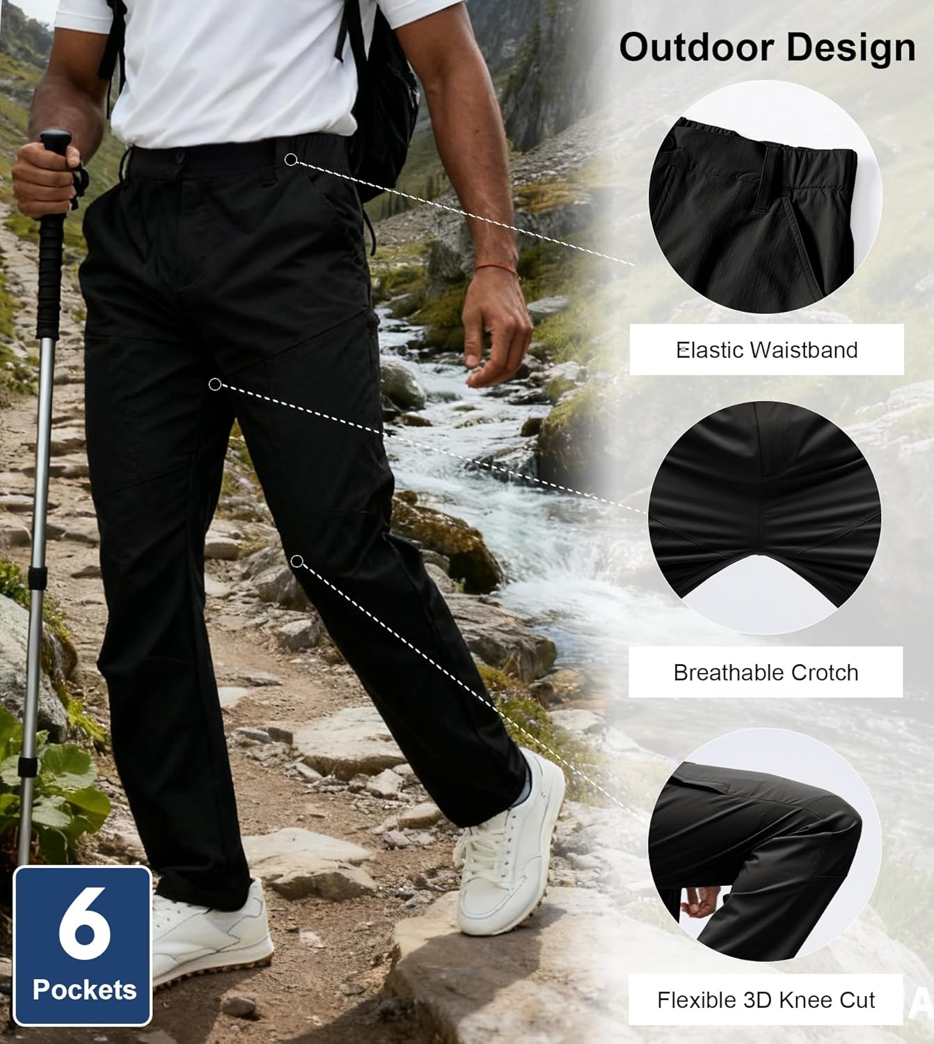 Fioboc Mens Work Pants, Waterproof Tactical Cargo Pants for Men 6 Pockets, Lightweight Quick Dry for Hiking Travel Fishing