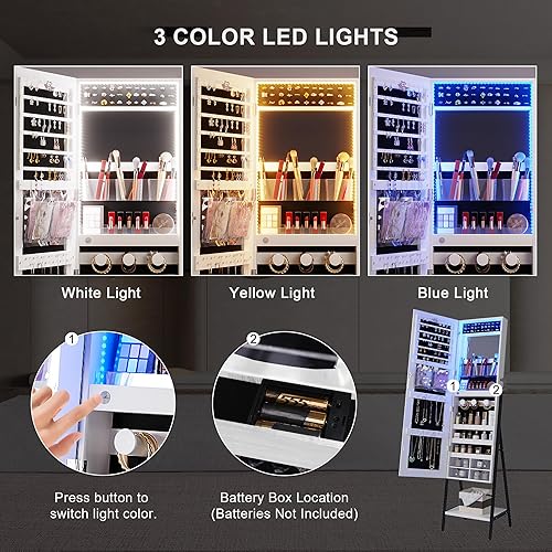 Miniatura 5 de HNEBC Armario de joyería con espejo LED RGB, organizador de joyas de pie de longitud completa con almacenamiento, espejo de joyería con cerradura