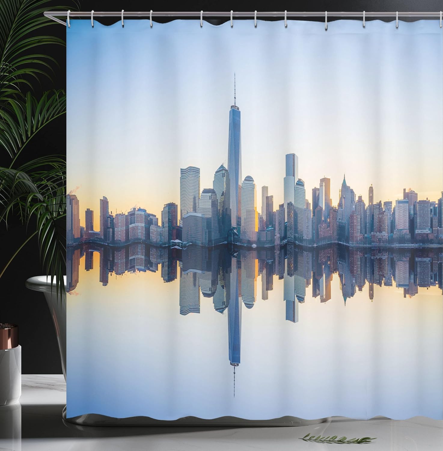 Ambesonne NYC Shower Curtain, Manhattan Skyline with Freedom Tower Reflection on Water Shore Urban Scenery Photo, Cloth Fabric Bathroom Decor Set with Hooks, 69" W x 84" L, Multicolor Blue