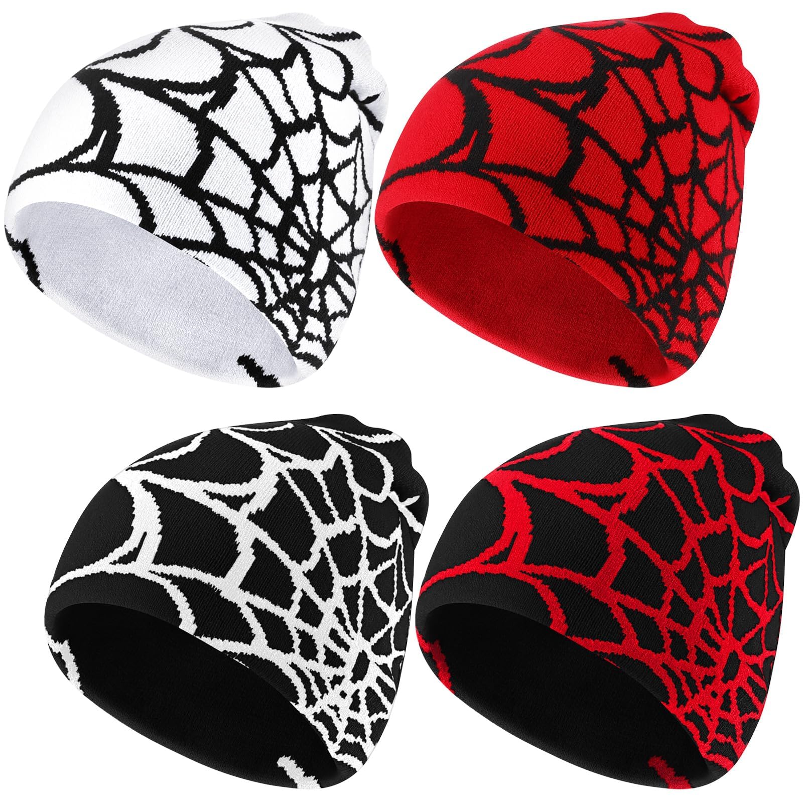4PCS Y2K Spider Web Patterned Beanie, Gothic Acrylic Knitted Hat Casual Y2K Beanies with Spider Design Retro Y2K Gothic Knitted Hat Retro Streetwear Spider Web Knitted Hat Outdoor Beanies for Men