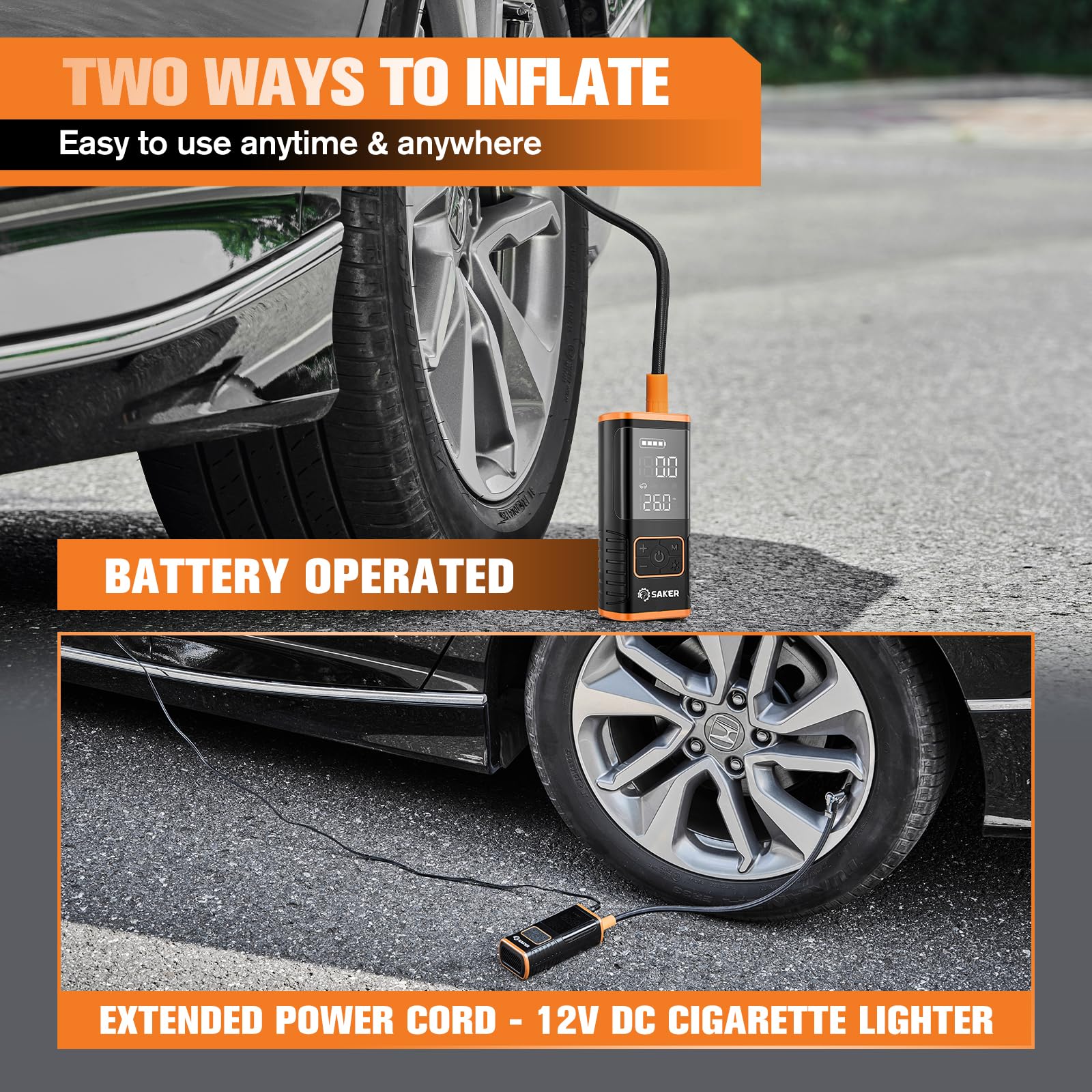 Saker Tire Inflator Portable Air Compressor - 150PSI Car Tires Air Pump with Tire Pressure Gauge Led Light — view 2