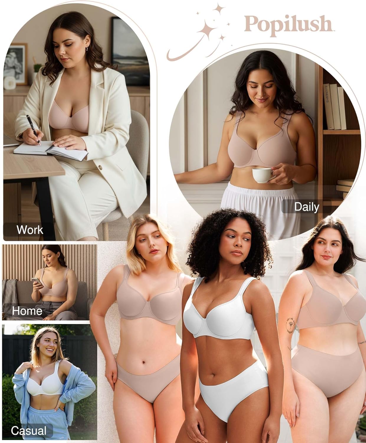 Popilush Minimizer Bras for Women Full Coverage Plus Size Unlined Underwire T Shirt Seamless Bra for Large Breasts - Image 5