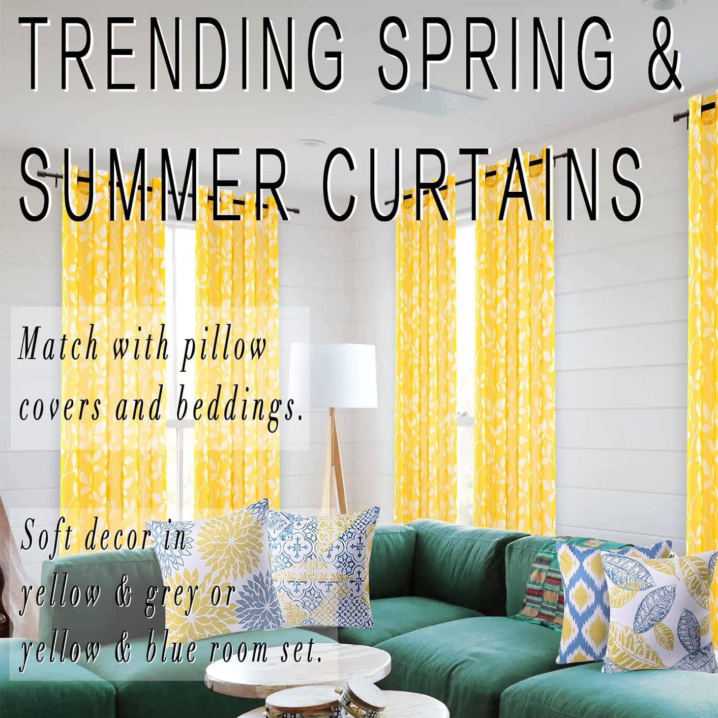 XTMYI 72 Inch Length Yellow Curtains for Living Room 2 Panels Sheer Leaf Designed Spring Decor for Bedroom Home,Lemon