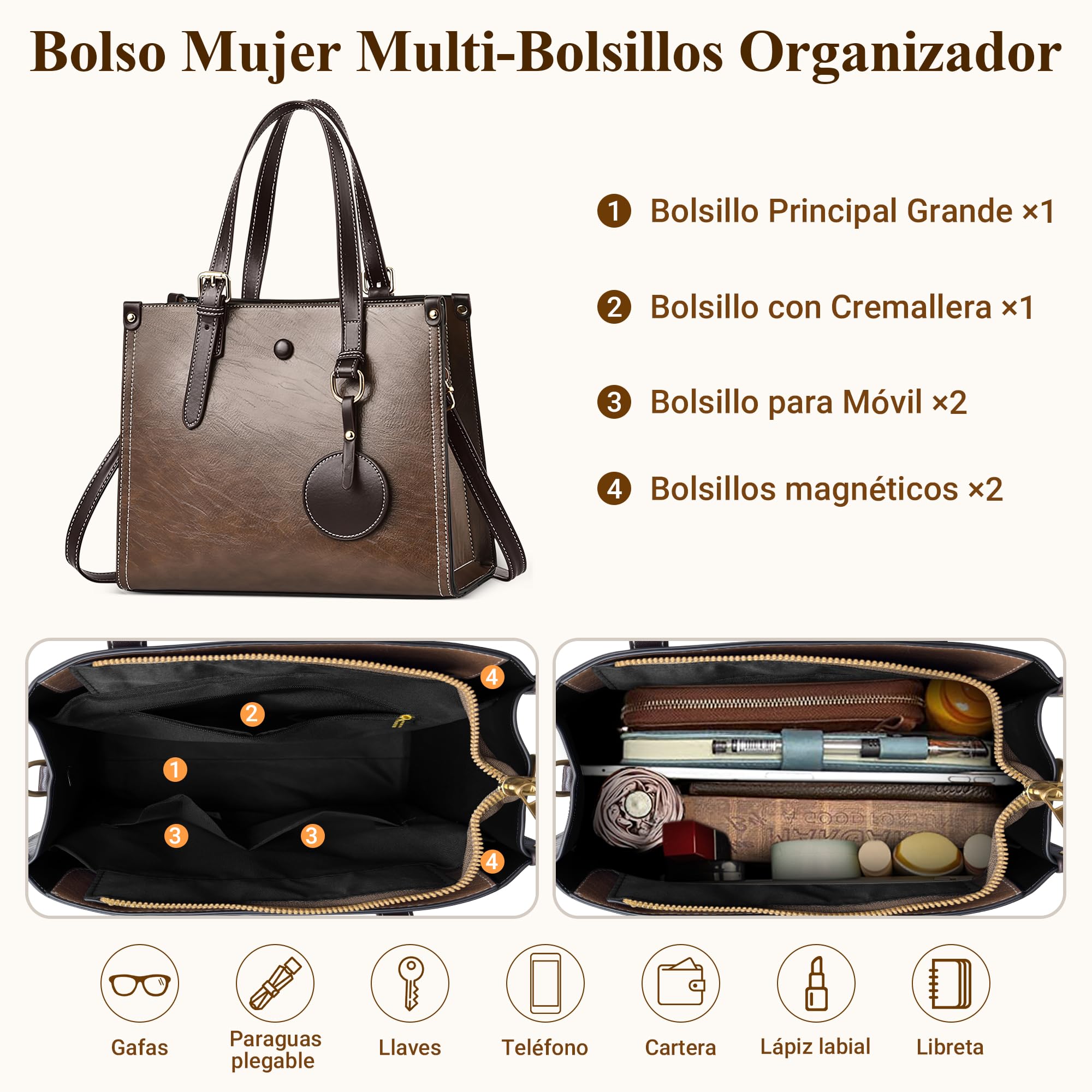 Bolso De Mano Elegante para Mujer — Bolso Bandolera Piel PU Impermeable con Adorno Redondo Y Correa Ajustable, Oficina, Compras, Citas, Fiestas (Marrón Café,L)