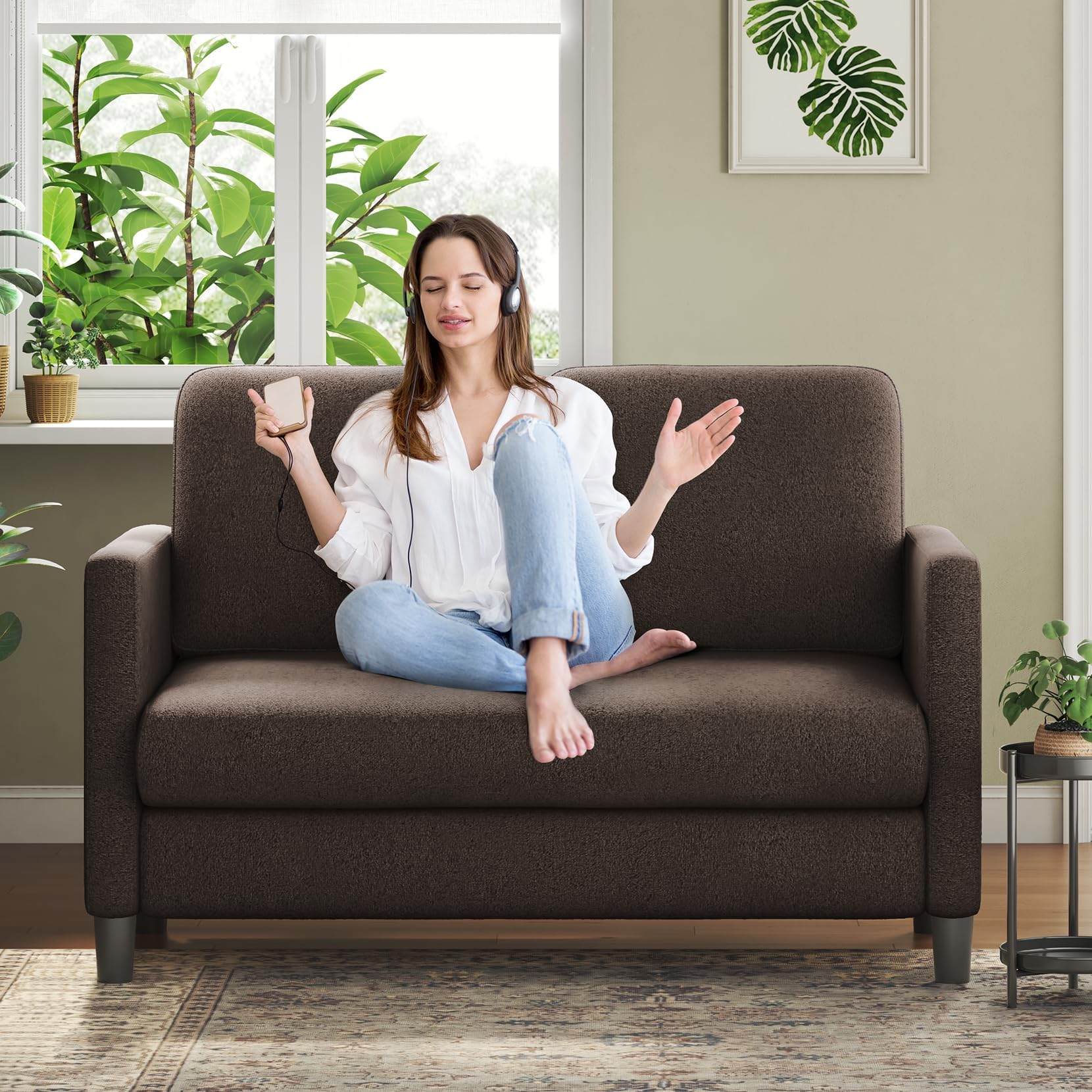 Welzona Two Seater Sofa, Modern 2 Seater Sofa, Teddy Fabric Sofa 2 Seater, Love Seat, Small 2 Seater Sofas for Living Room, Bedroom, Home Office, Studio, Apartment, Brown