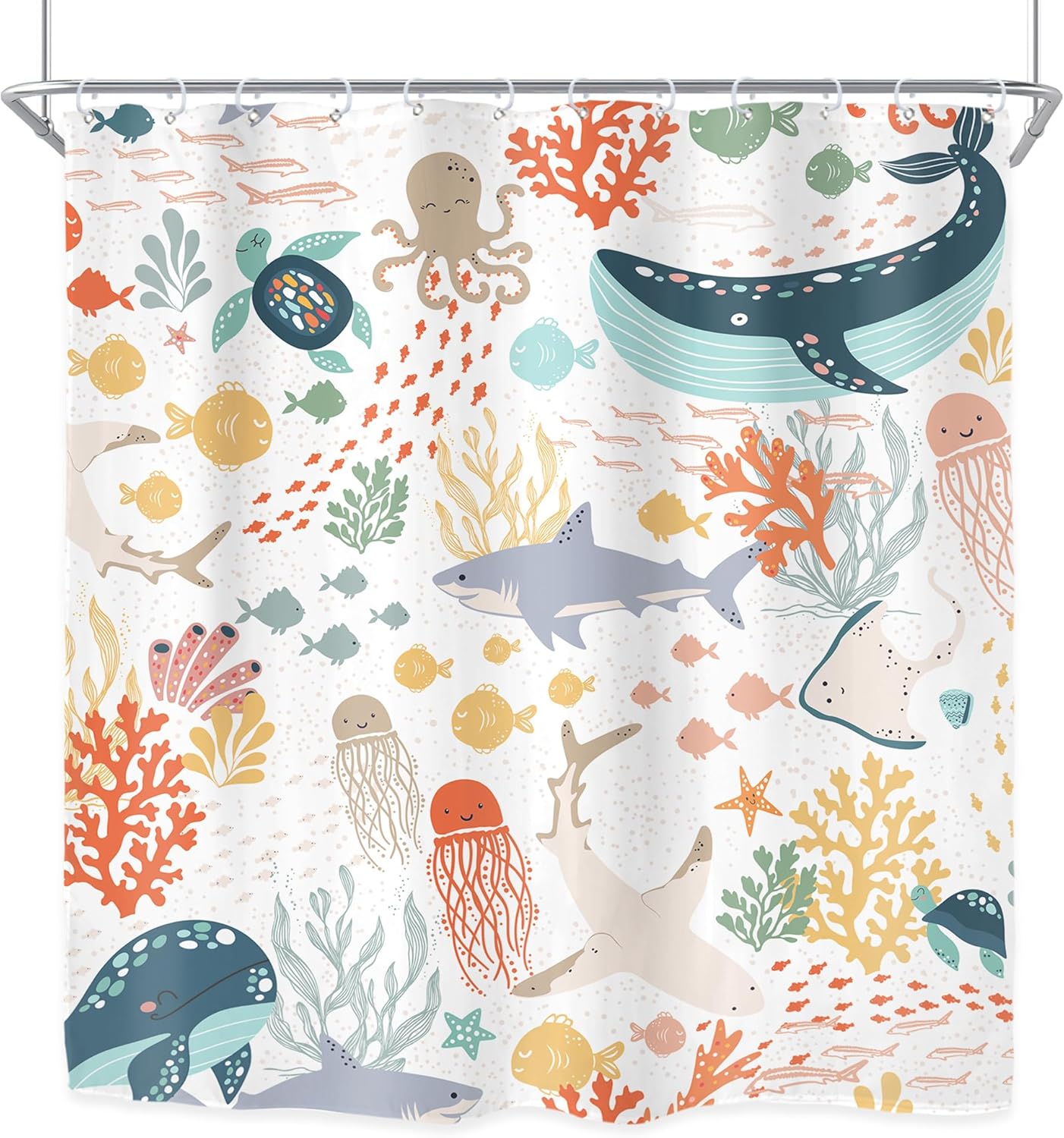 Riyidecor Kids Sea Animal Shower Curtain for Bathroom Decor 72Wx78H Cute Ocean Shark Fish Funny Cartoon Underwater Colorful Turtle Whale Art Printed Fabric Polyester Waterproof 12 Pack Plastic Hooks