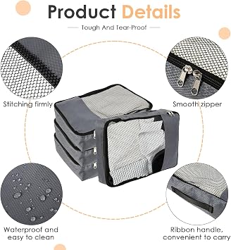4 Piece Packing Cubes for Suitcases, 33x24x7.5cm Travel Organiser Bags with Double Zipper Mesh Top, Luggage Organizers for Clothes Shoes Toiletries