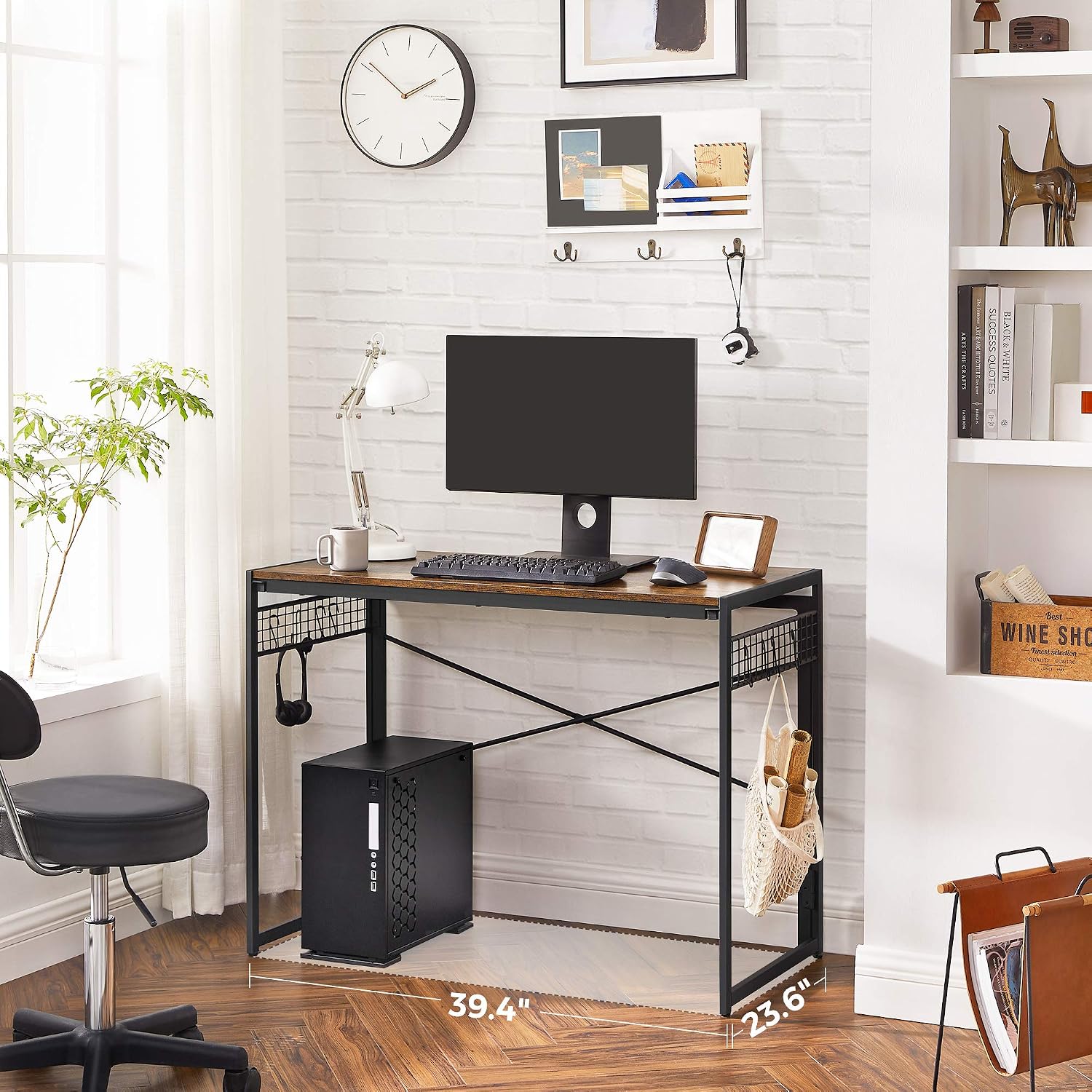 VASAGLE ALINRU Folding Computer Writing Desk, with 8 Hooks, Simple Study Desktop Workstation, No Tools Required, Rustic Brown