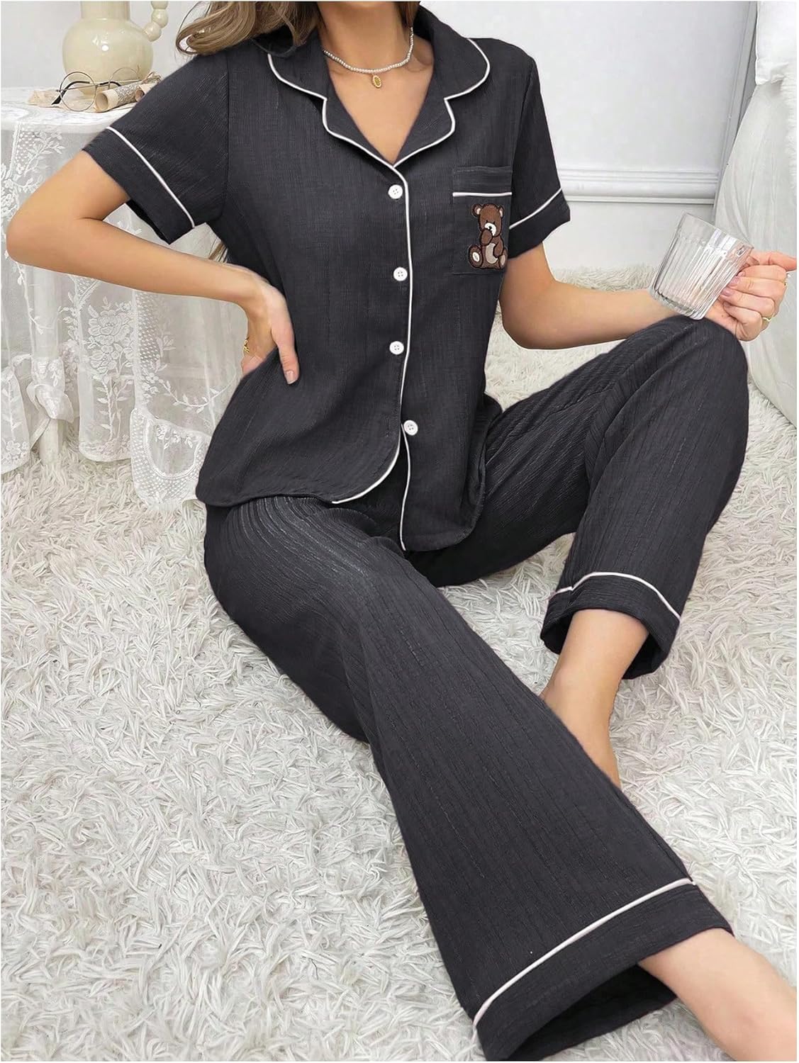 SHENHE Women's Button Down Pajama Set Short Sleeve Sleepwear Pj Pants Cute Bear Lounge Set - Image 5
