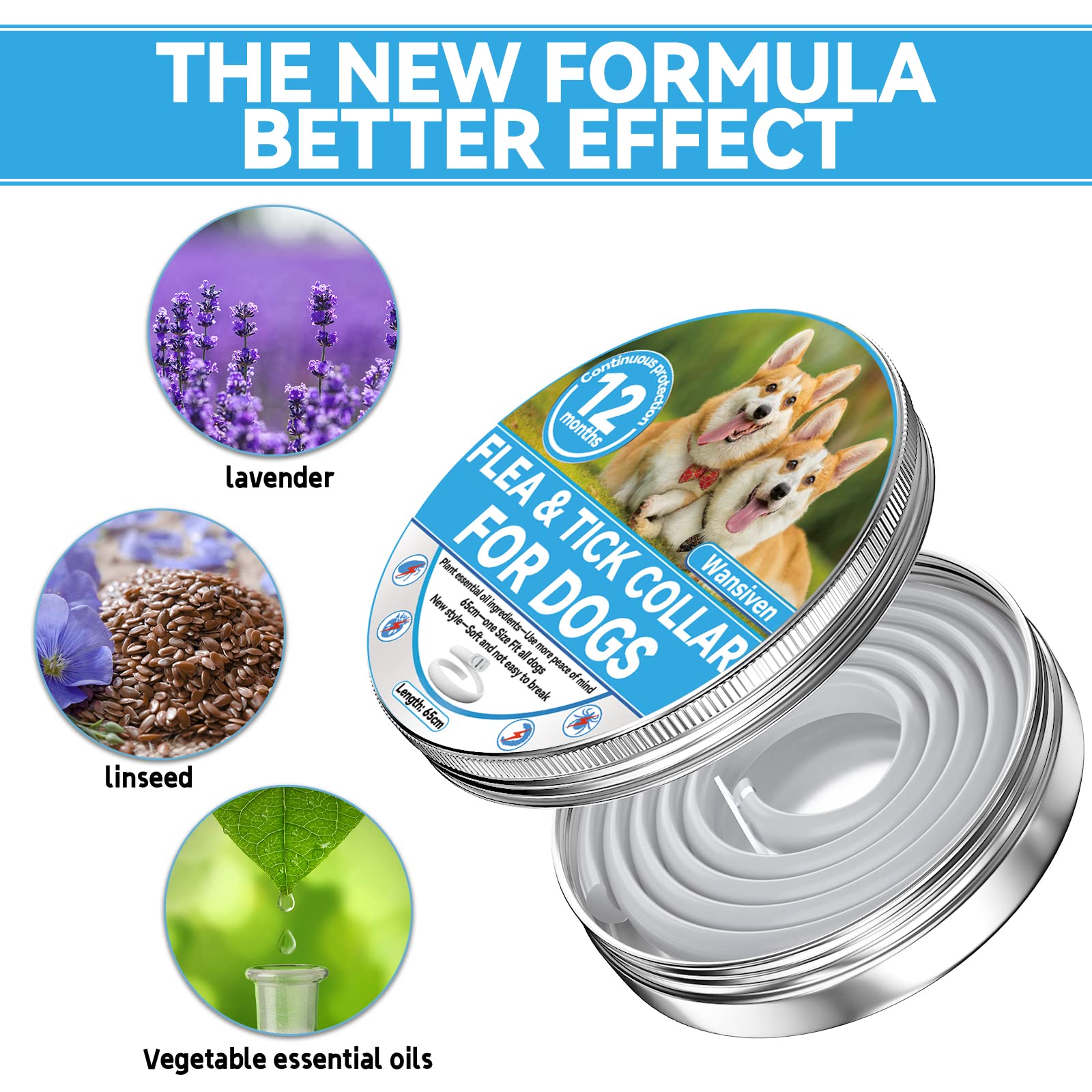 Wansiven Collari Antipulci per Cani, Regolabili da 65 cm, Zecche Impermeabili, Protezione 12 Mesi, per Cani di Piccola, Media e Grande Taglia