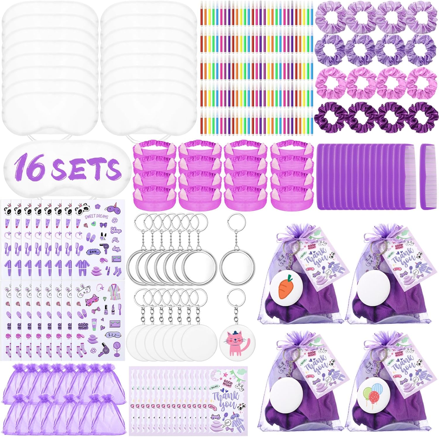 Daifunli 256 Pcs Spa Sleepover Party Supplies for 16 Women Spa Sleep Eye Mask Pens Hair Bands Combs Pajama Slumber Party Favors for Birthday Sleepover Bachelorette Supplies(Purple Series)