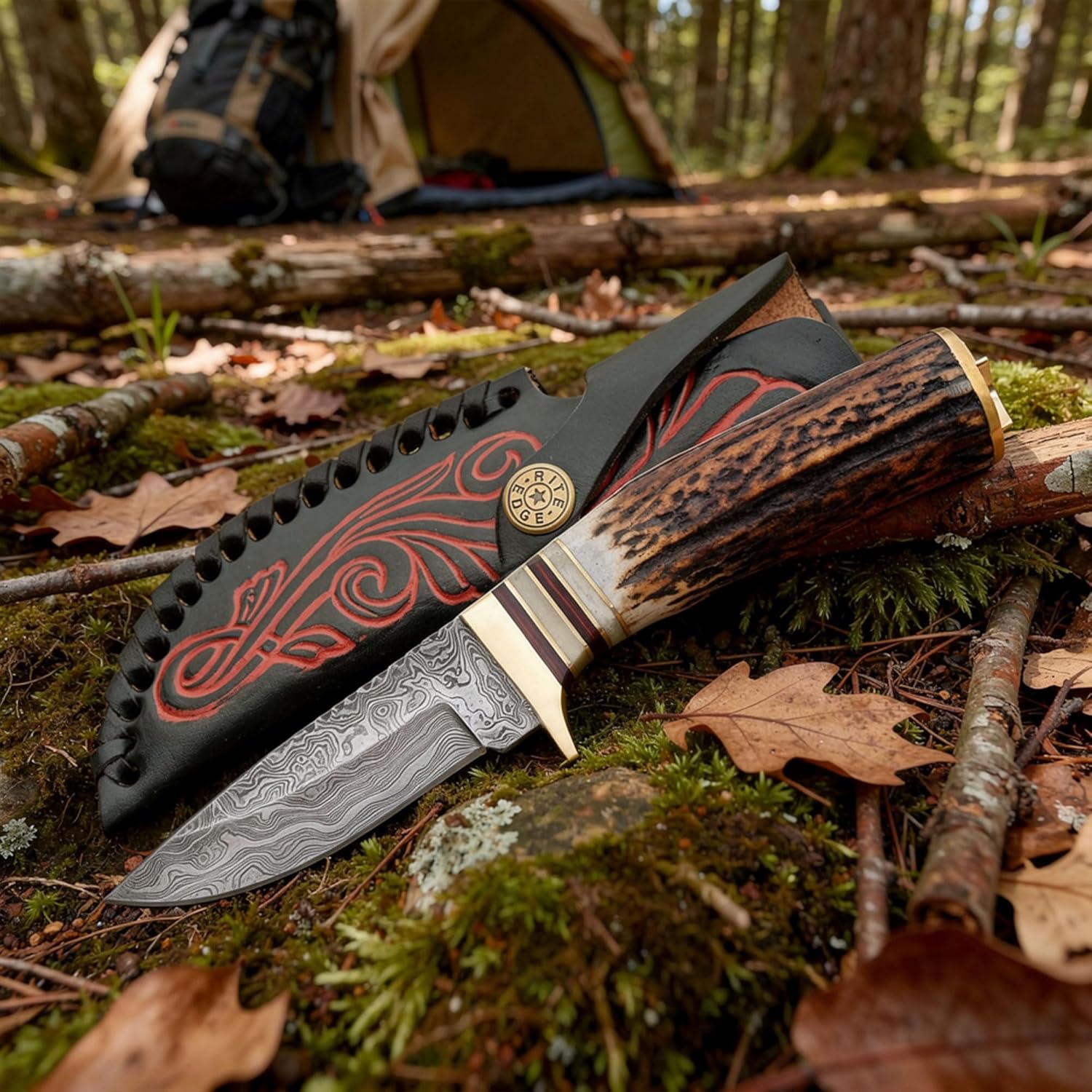 SANZ Damascus Stag Skinner Knife 8 Inch - Camping Knife with Stag Handle, Full Tang Blade & Sheath - Outdoor Knife for Hunting, Outdoor uses & Camping