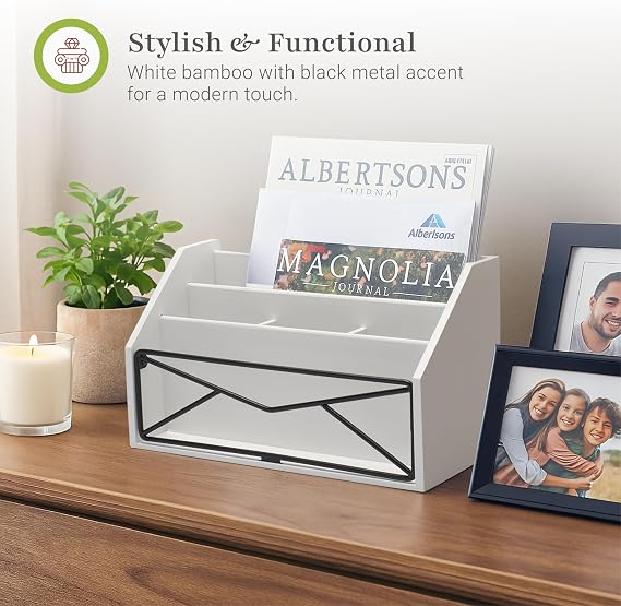 Prosumer's Choice Bamboo Desk Organizer White Powder-Coated Natural Bamboo Mail Organizer for Countertop - Wooden Desktop Organizer for Mail, Files, Letters, and Tabletop Storage