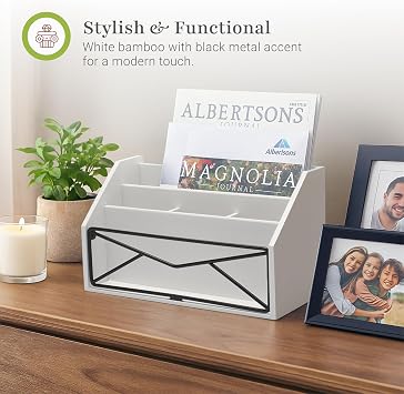 Prosumer's Choice Bamboo Desk Organizer White Powder-Coated Natural Bamboo Mail Organizer for Countertop - Wooden Desktop Organizer for Mail, Files, Letters, and Tabletop Storage