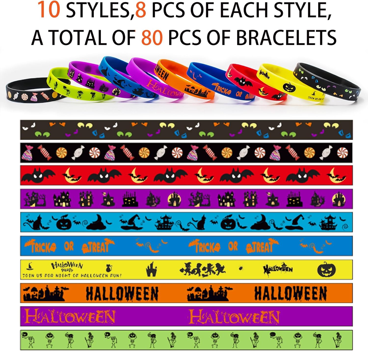 80 Pcs Halloween Silicone Bracelets - Trick or Treat Party Wristband - Gifts Prize for Party Decoration Accessories Goodie Bag Fillers Kids Supplies - Image 3