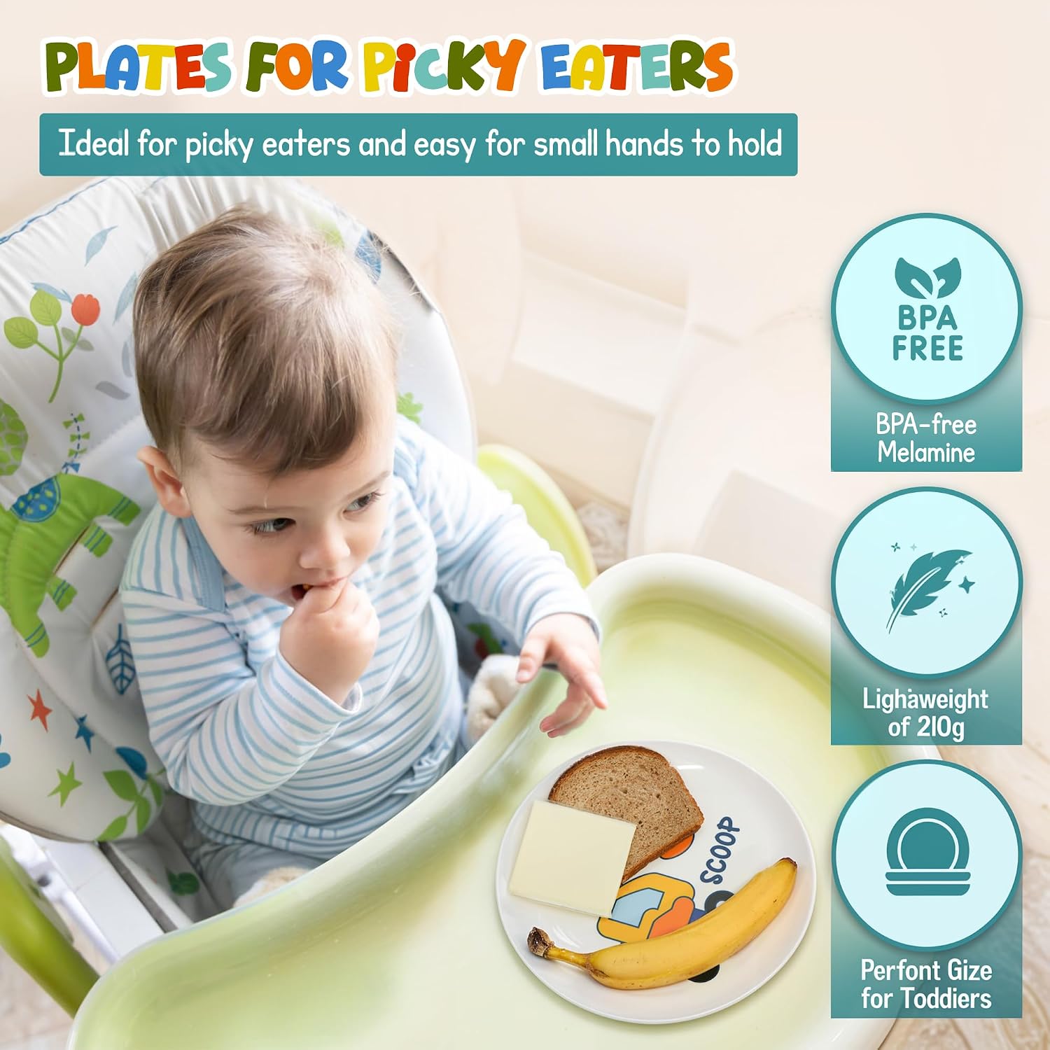 4E's Novelty 4 Melamine Kids Plate Set for Boys, Construction Toddler Plate Set - Truck Character Child Dinnerware Set with Fun and Joy, BPA-Free, 10-Inch Lightweight Construction Dinnerware for Kids