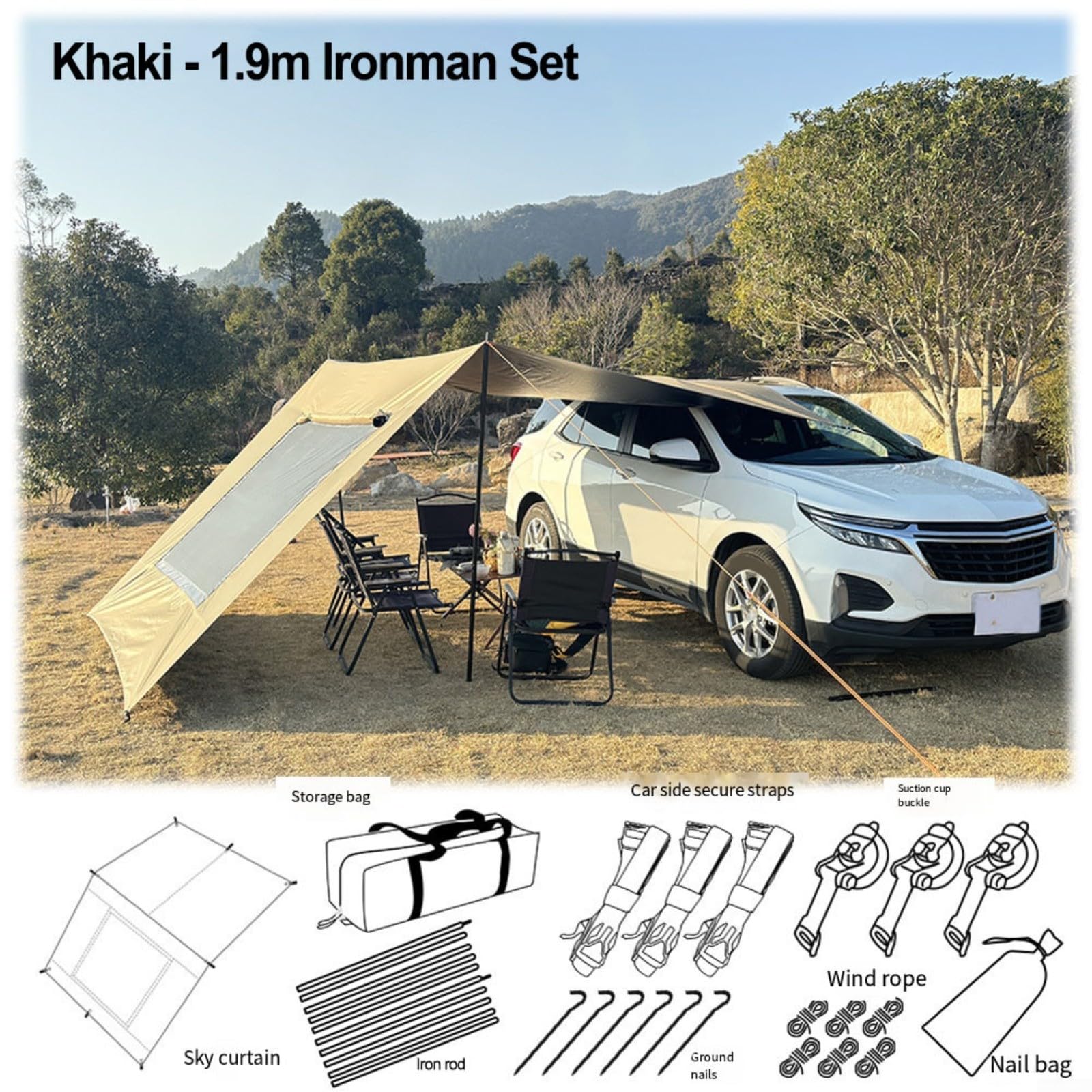Toldo para caravana de 2,8 x 4,8 m con ventana de malla, tela Oxford recubierta de plata 210D, para protección UV (caqui)