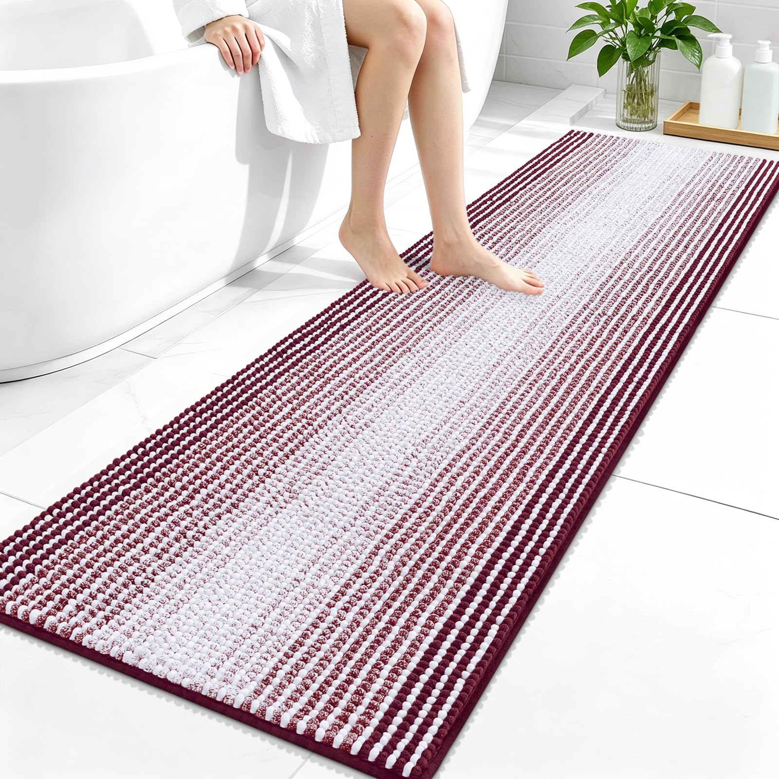 OLANLY Bathroom Runner Rugs 59x20, Chenille Striped Bath Rugs, Burgundy