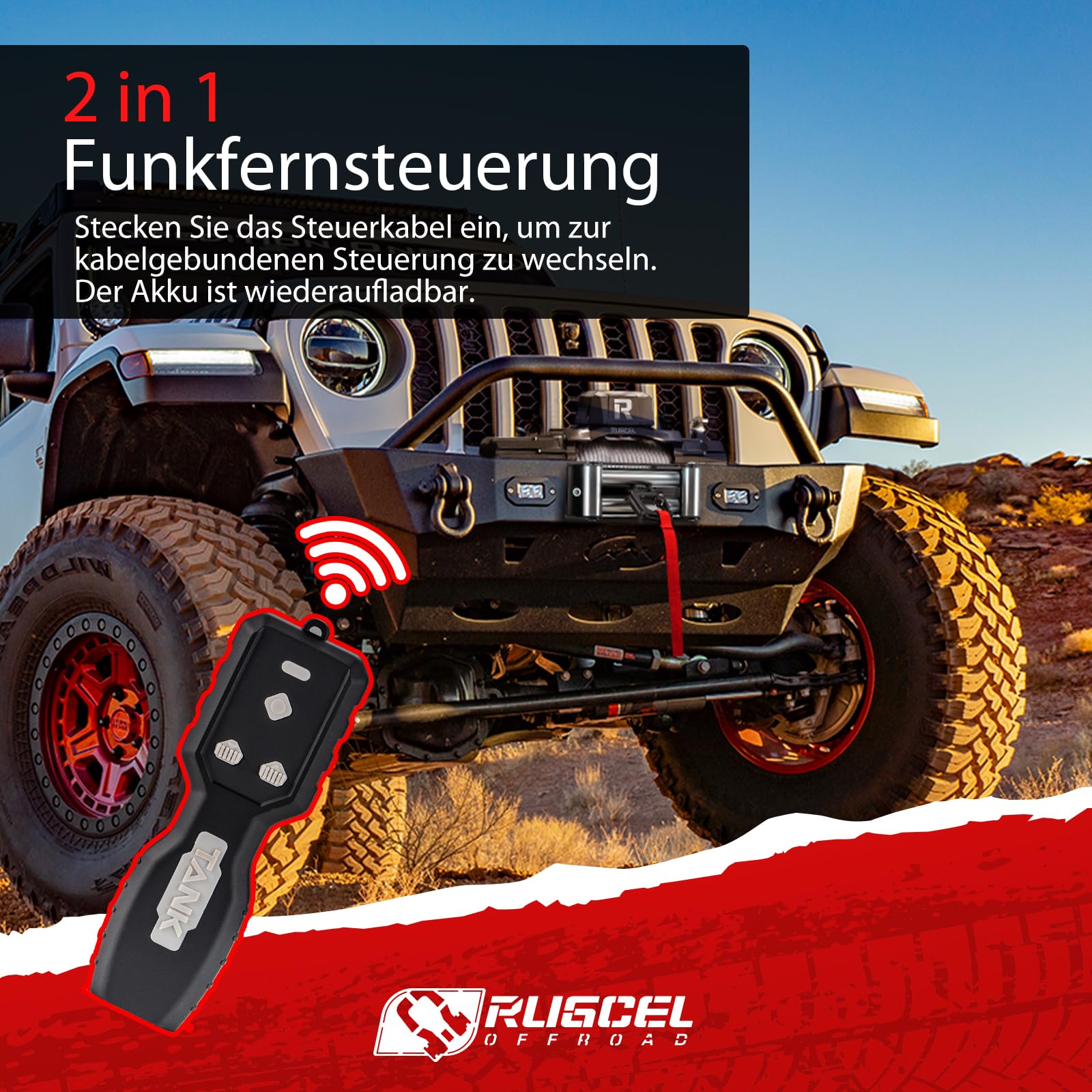 RUGCEL WINCH Elektrische Seilwinde 6123 kg (13500 lbs), 12V DC, IP67 Wasserdicht, Stahlkabel, 2-in-1 Funkfernbedienung & Kabelsteuerung, für Geländewagen,LKW & Boot