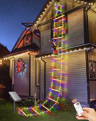 Decoraciones navideñas para exteriores, luces solares de escalera de Navidad de 10 pies con Papá Noel y estrella superior, 8 modos, coloridas e
