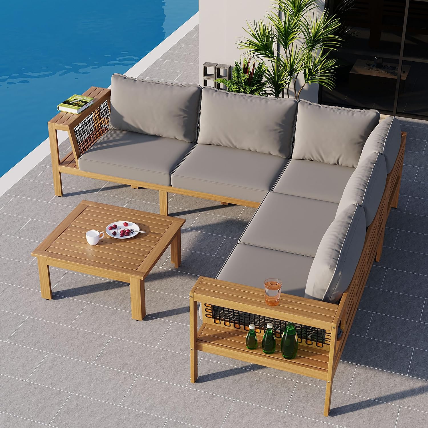 Quarte 4 Pieces Outdoor Acacia Wood Sofa Set, L-Shaped Patio Furniture Sofa Set with Coffee Table and Side Table, Outdoor Conversation Set for Deck, Poolside, Balcony (Gray,Natural)
