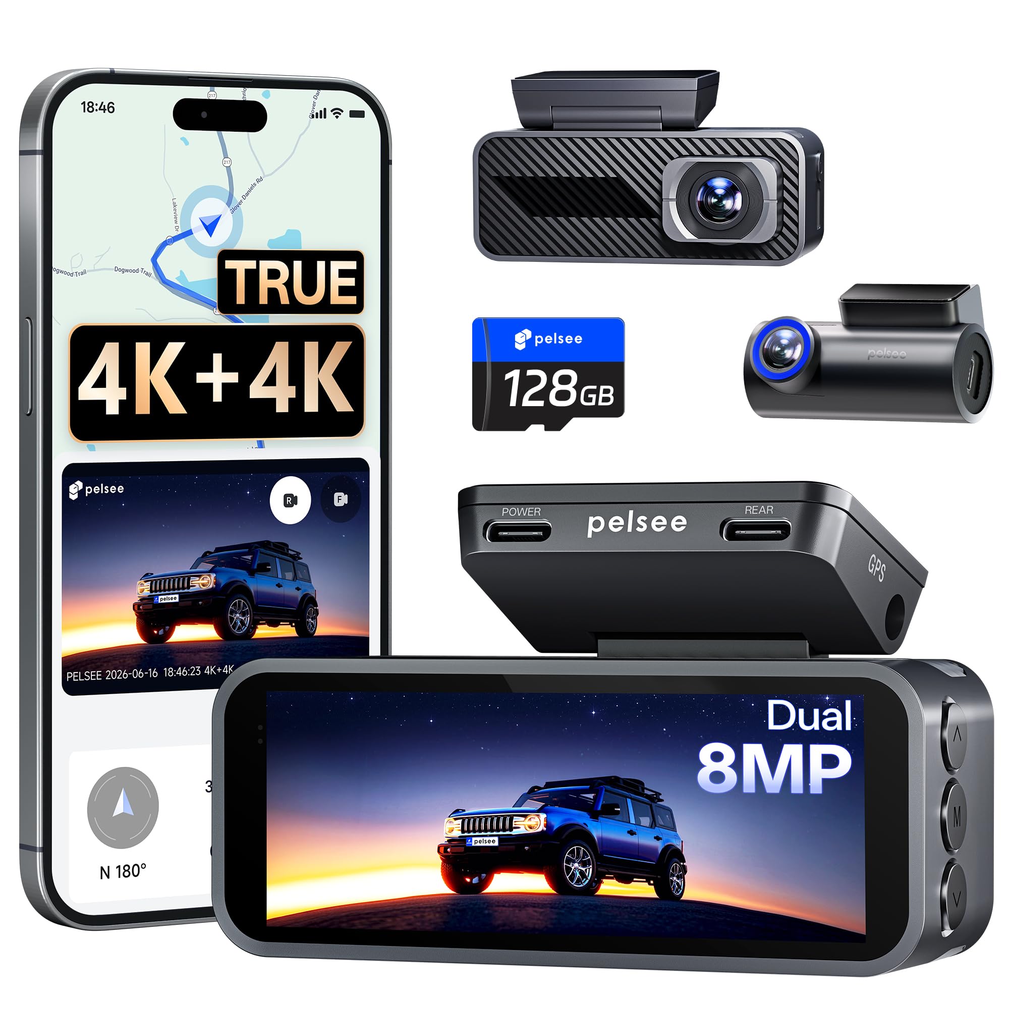Pelsee S1 Pro Native 4K + 4K Dash Cam Front and Rear, 128GB Card Included