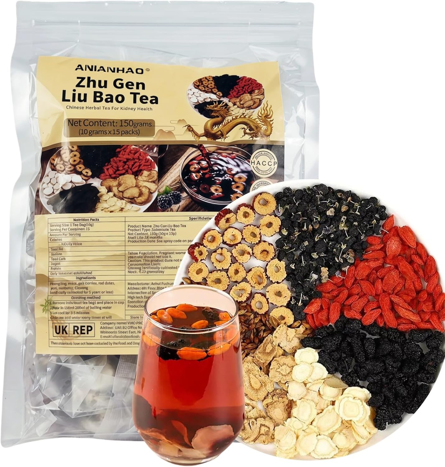 150g Formula Ginseng Six Treasure Tea, Natural Liver Detox Chinese Kidney Cleansing Tea, Chinese Herbal Kidney Tea Bag for Men