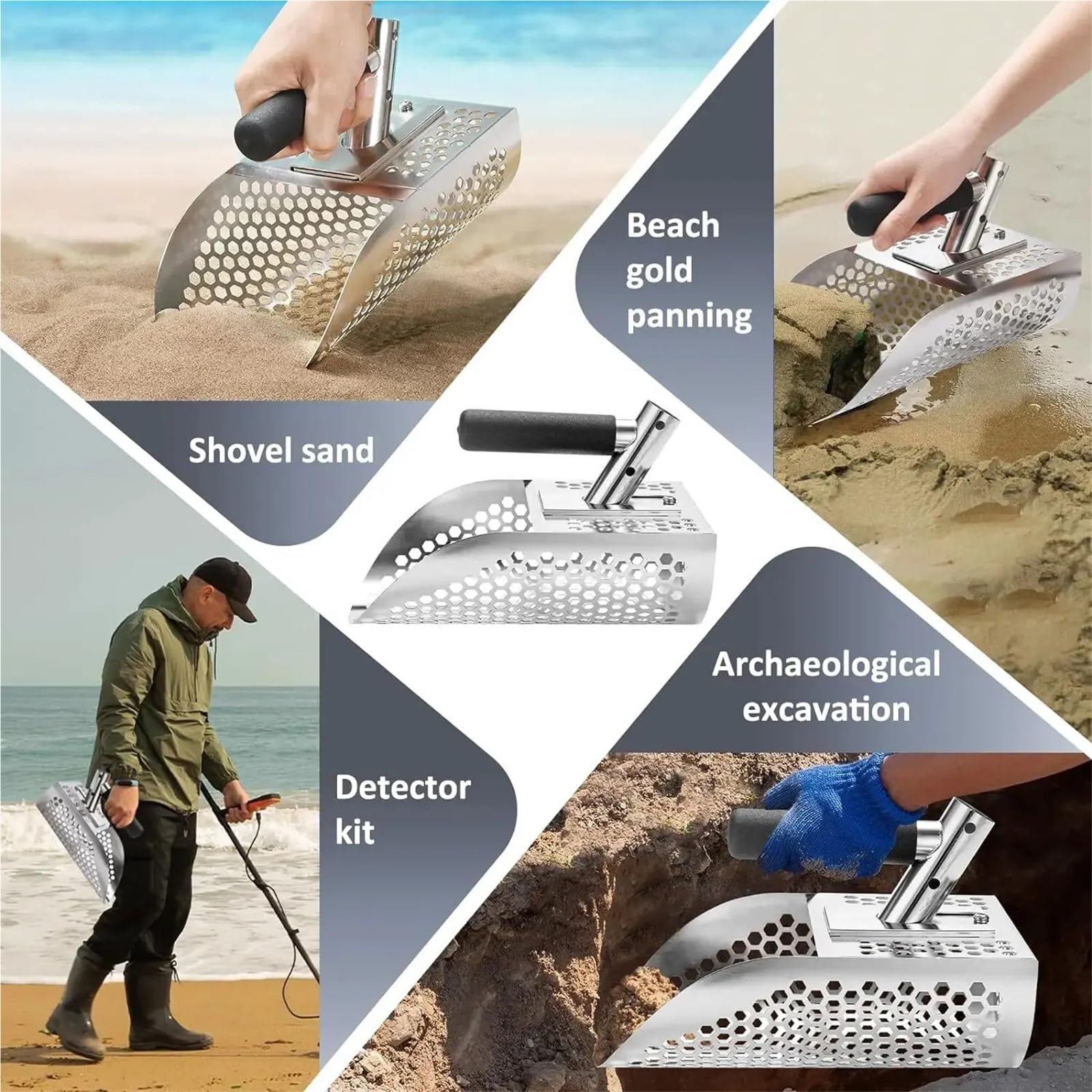 Metalldetektor Edelstahl-Strand-Sandschaufel mit Griff-Werkzeug, schnelles Sieben, Metalldetektor, Schatzsuche, Schaufel-Werkzeug Detektor