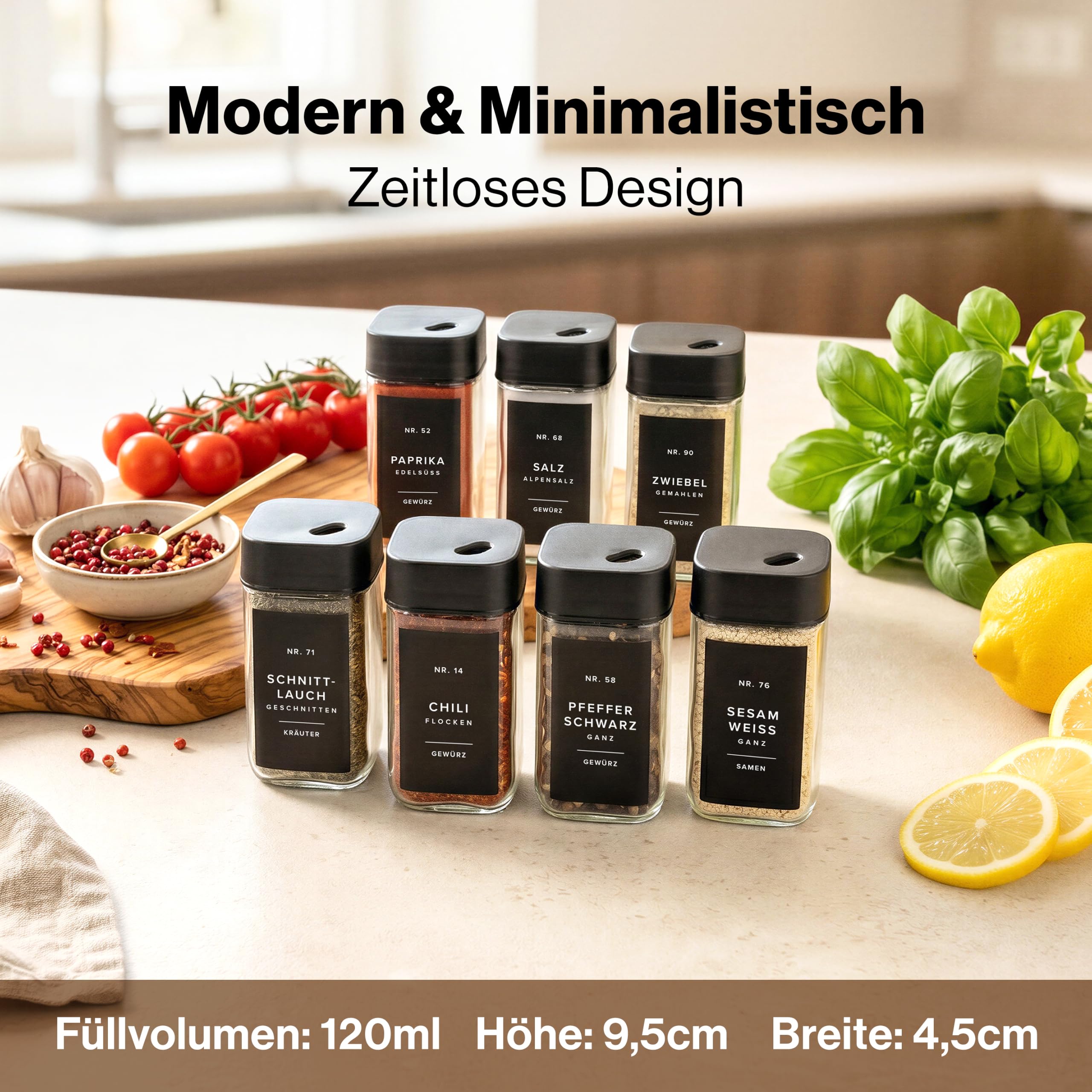 EDELHAUS Gewürzgläser Eckig Set mit Schwarzem Verstellbarerem Deckel (24 x 120ml) Gewürzstreuer mit 240 Etiketten Schwarz - Hochwertige Gewürzbehälter, Gewürzdosen, Gewürze organizer