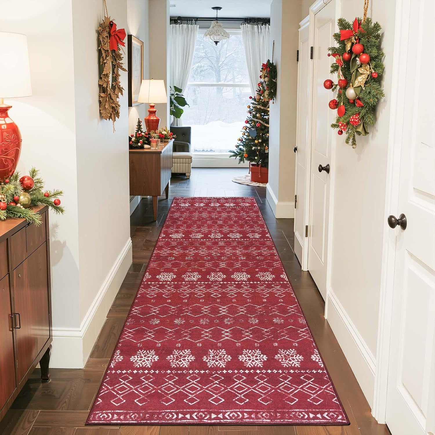 jinchan Snowflake Christmas Runner Rug 3x10 for Hallway Washable Christmas Entryway Rug Red Xmas Geometric Mat for Galley Kitchen Non-Slip Soft Carpet Winter Lattice Holiday Decor for Porch Stairway 3' x 10' (Runner) Snowflake Argyle Red