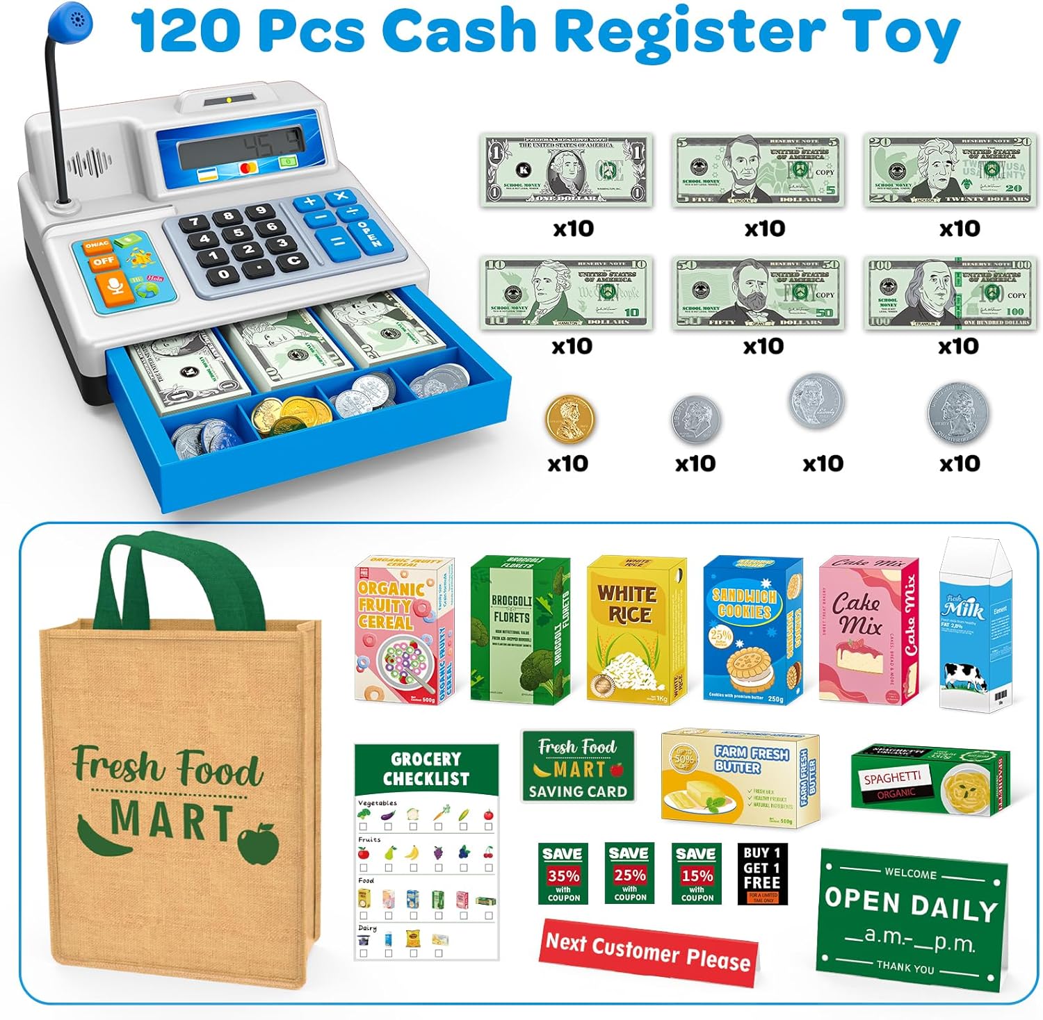 Cash Register Toy for Kids, 120 Pcs Grocery Store Playset with Credit Card, Grocery Boxes, Microphone, Calculator Cash Register Toy Gift for Toddlers, Grey