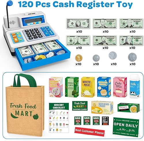 Vista 2 de Calculadora de caja registradora de juguete de regalo para niños de 3, 4, 5, 6, 7, 8 años o más, juego de 120 piezas de tienda de comestibles
