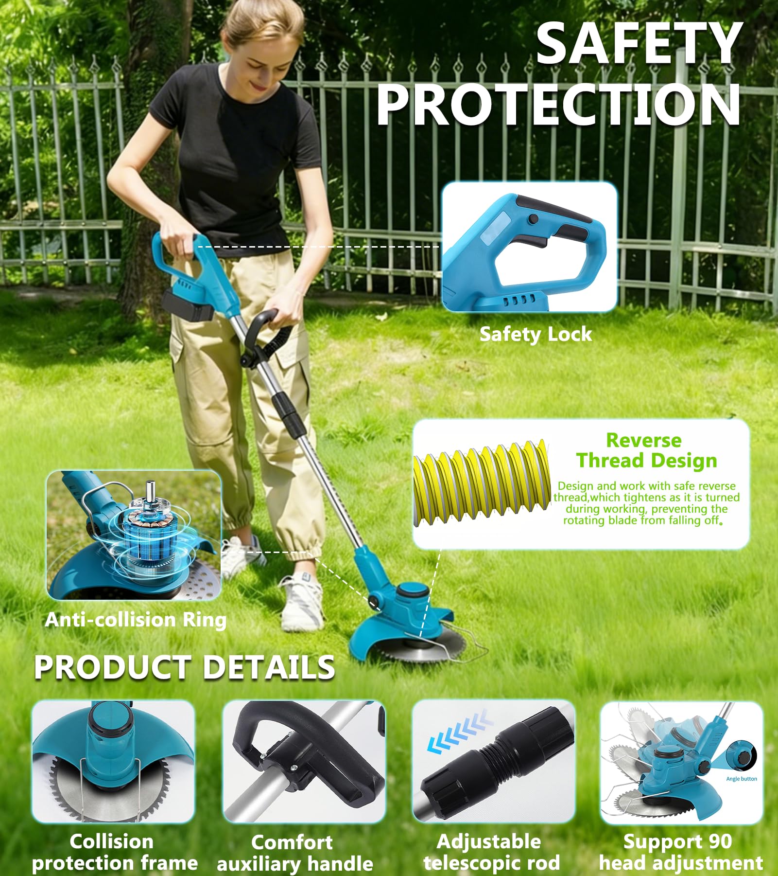 TOPALL Debroussailleuse Electrique Sans Fil, Coupe Bordure Sans Fil avec Batterie 2*4Ah, Debrouissalleuses Batterie avec 1000W Bushesless, 20000trs/min, Coupe 20cm, 5 Types Lames et Brosses Désherbage