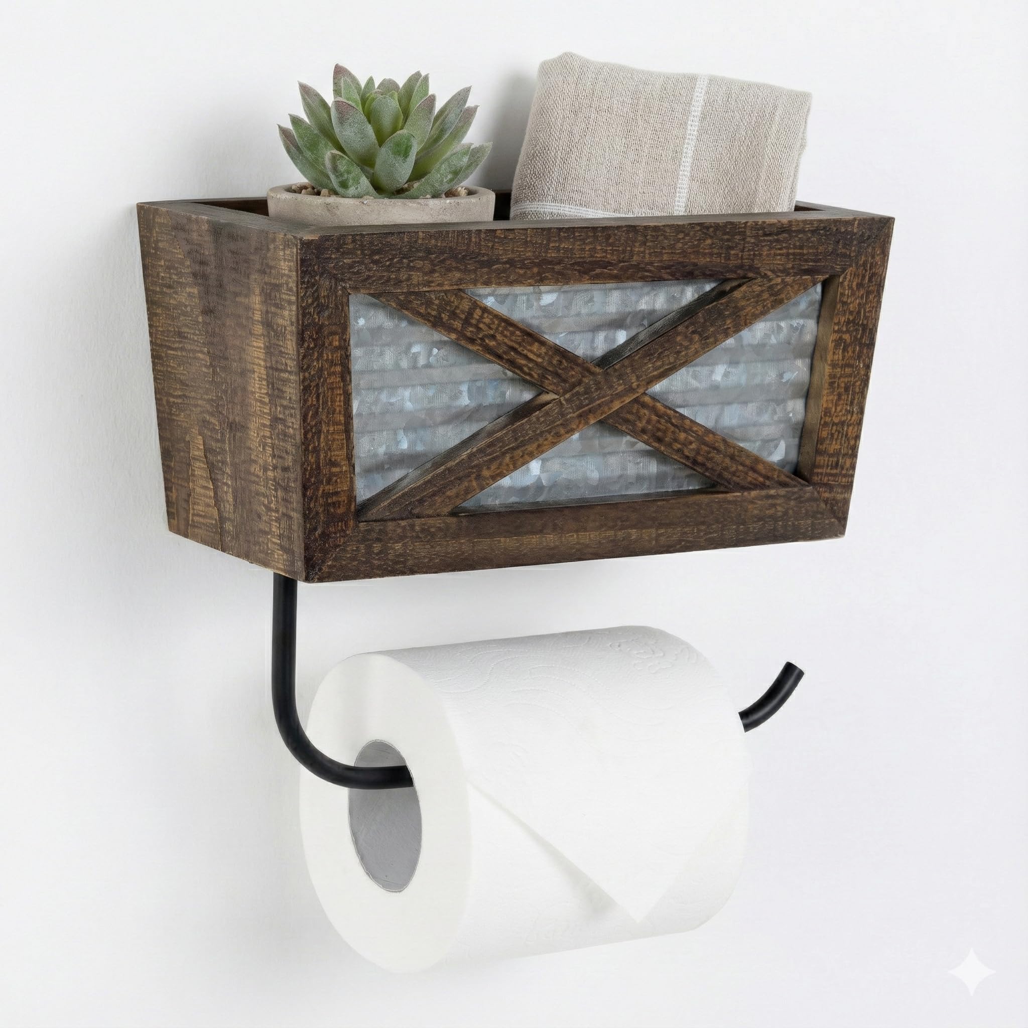 Autumn Alley Farmhouse Toilet Paper Holder with Basket for Cell Phone - Rustic Toilet Paper Holder, Farmhouse Bathroom Country Decor - Wood, Galvanized & Black Metal - Adds Rustic Charm, Brown
